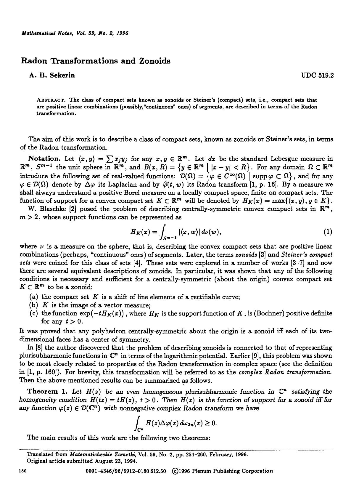 Radon transformations and zonoids by Unknown