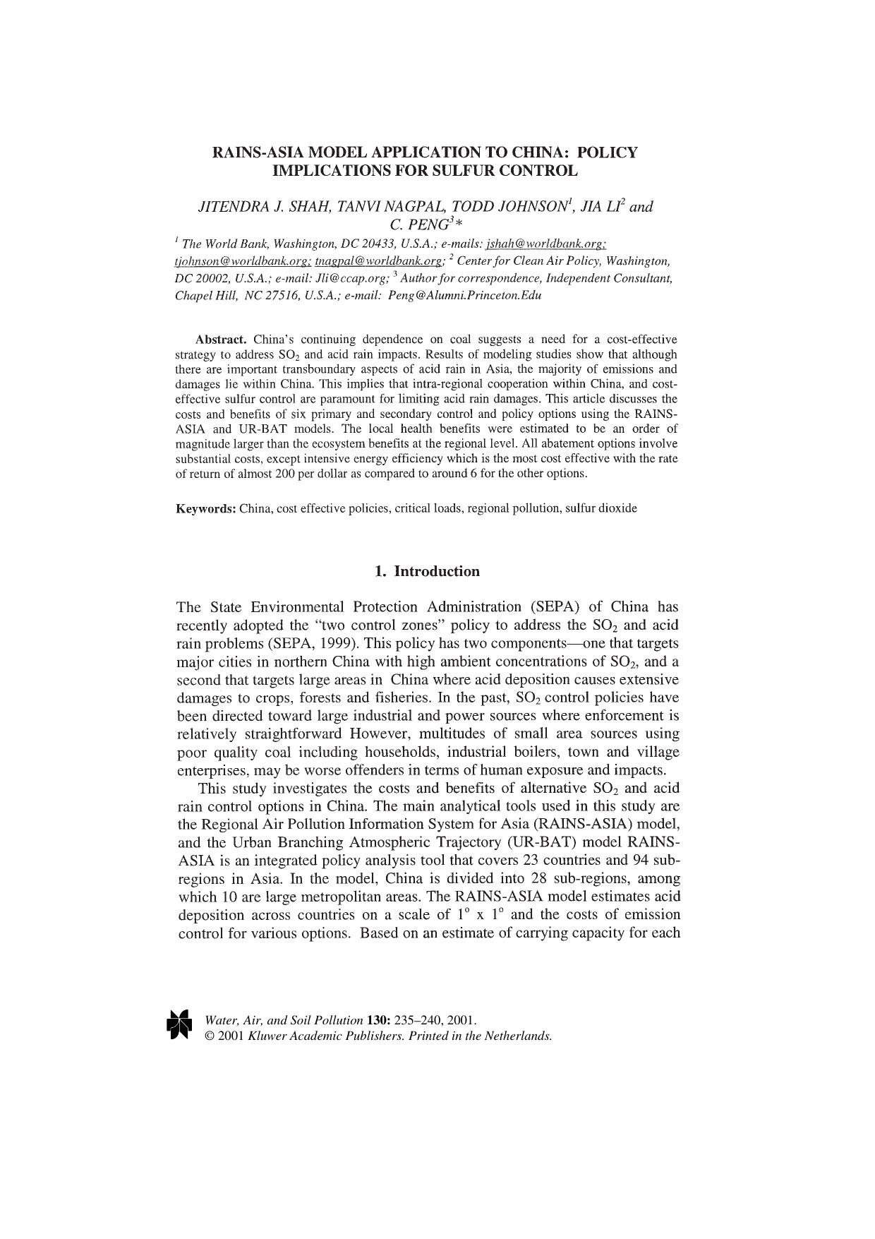Rains-Asia Model Application to China: Policy Implications for Sulfur Control by Unknown