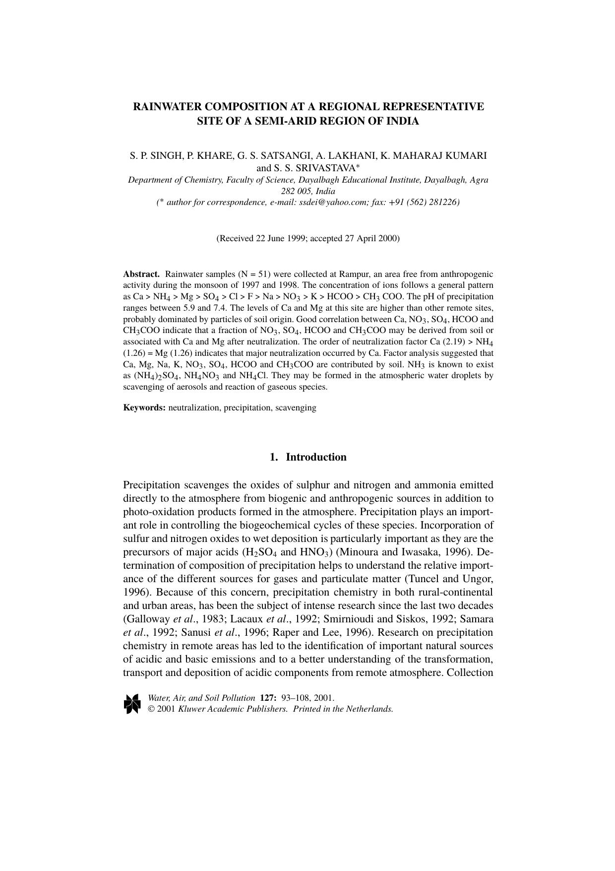 Rainwater Composition at a Regional Representative Site of a Semi-Arid Region of India by Unknown
