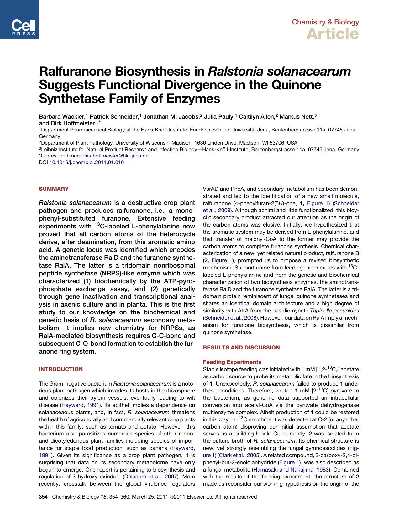 Ralfuranone Biosynthesis in Ralstonia solanacearum Suggests Functional Divergence in the Quinone Synthetase Family of Enzymes by unknow