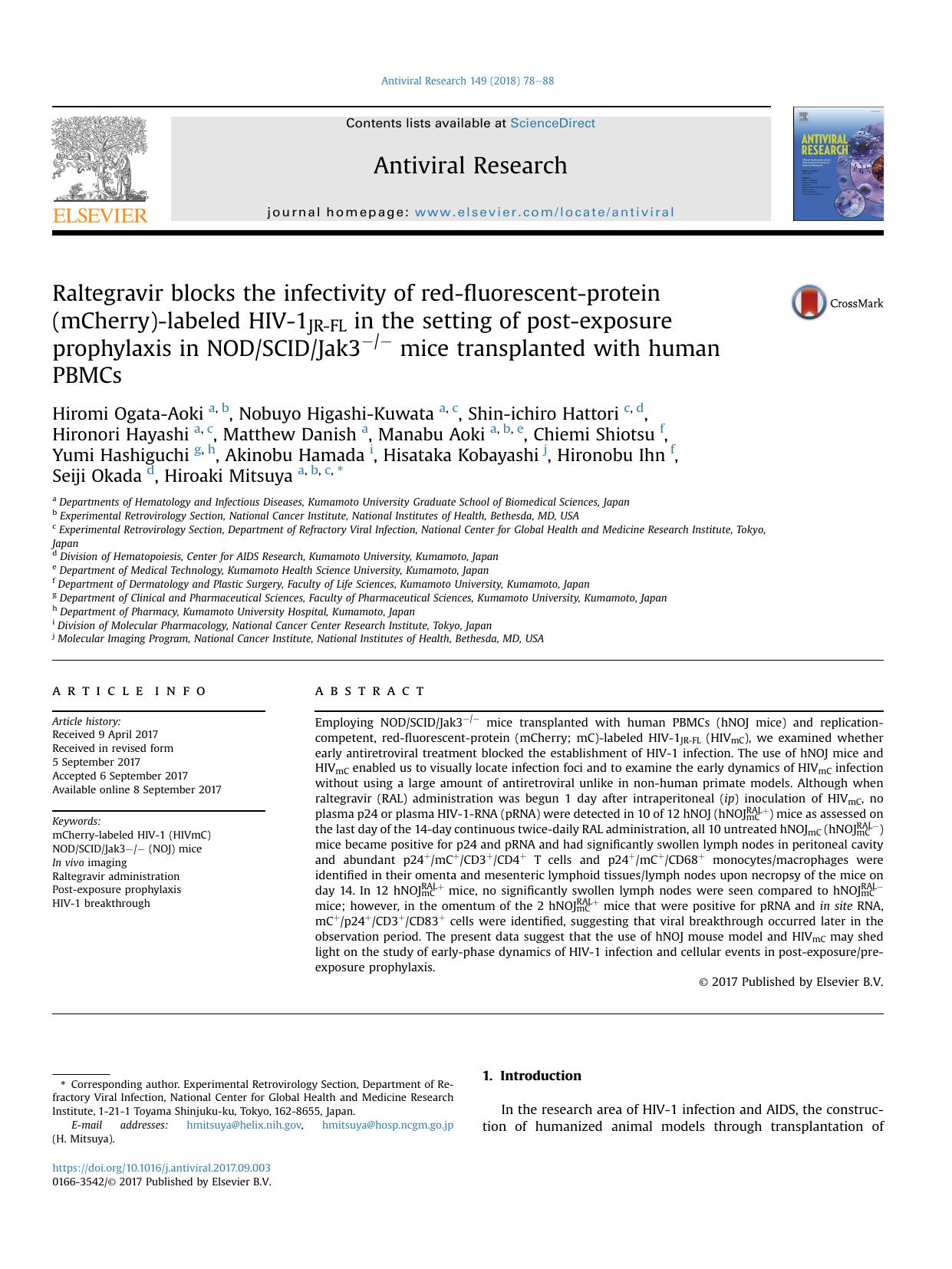Raltegravir blocks the infectivity of red-fluorescent-protein (mCherry)-labeled HIV-1JR-FL in the setting of post-exposure prophylaxis in NODSCIDJak3-- mice transplanted with human PBMCs by unknow