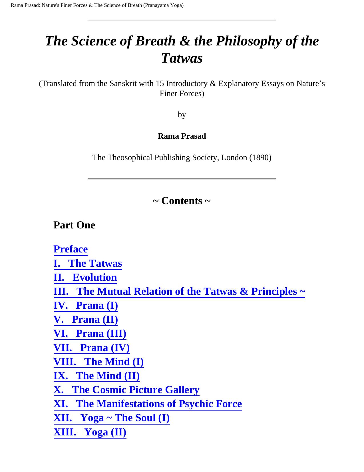 Rama Prasad: The Science of Breath & The Philosophy of the Tatwas (Pranayama Yoga) by Unknown
