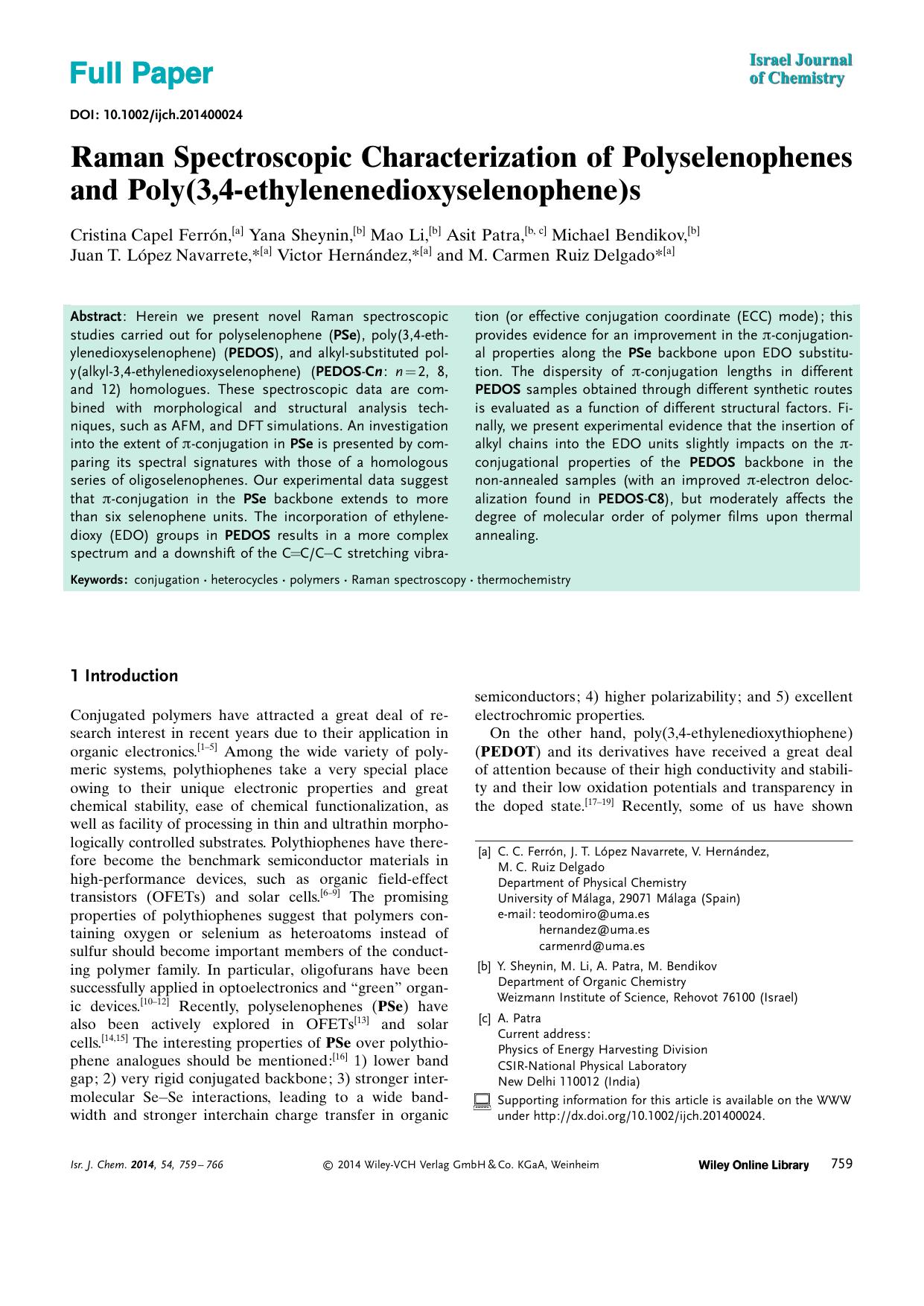Raman Spectroscopic Characterization of Polyselenophenes and Poly(3,4ethylenenedioxyselenophene)s by Unknown