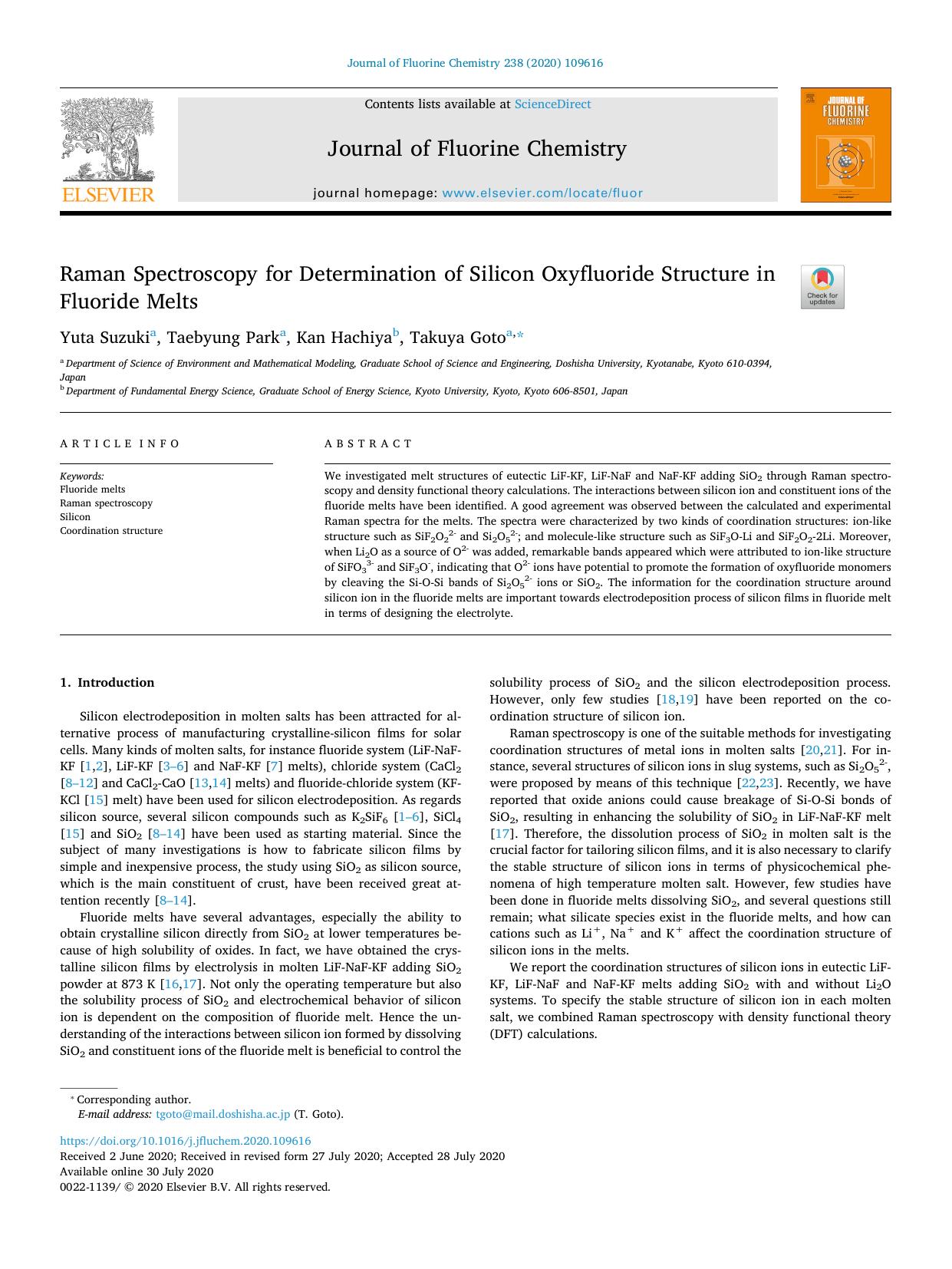 Raman Spectroscopy for Determination of Silicon Oxyfluoride Structure in Fluoride Melts by Yuta Suzuki & Taebyung Park & Kan Hachiya & Takuya Goto