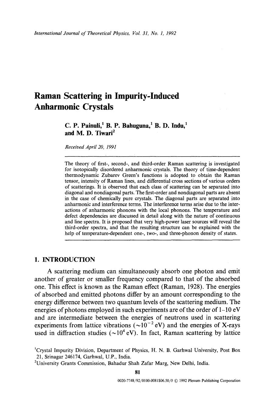 Raman scattering in impurity-induced anharmonic crystals by Unknown