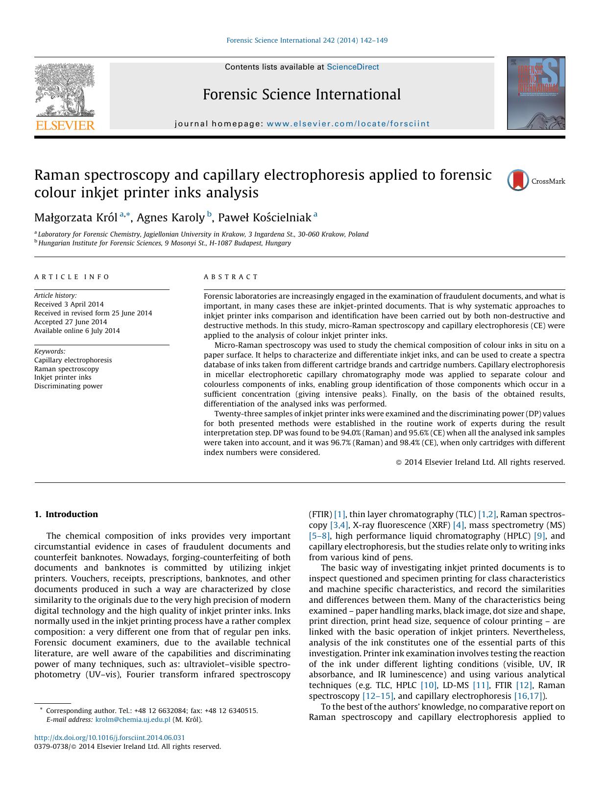 Raman spectroscopy and capillary electrophoresis applied to forensic colour inkjet printer inks analysis by Małgorzata Król & Agnes Karoly & Paweł Kościelniak