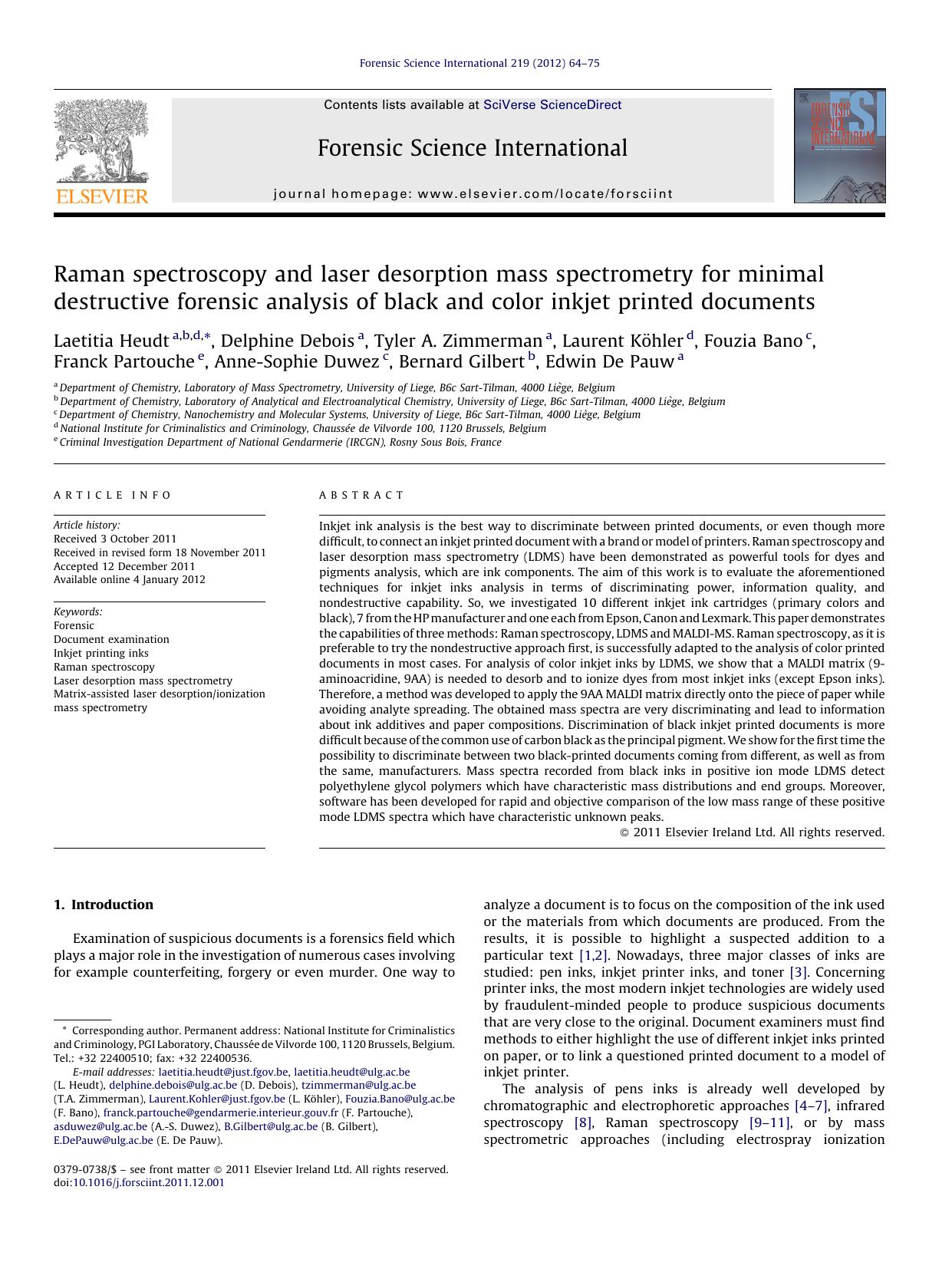 Raman spectroscopy and laser desorption mass spectrometry for minimal destructive forensic analysis of black and color inkjet printed documents by Laetitia Heudt