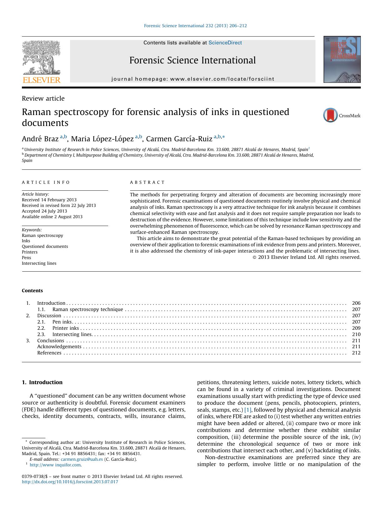 Raman spectroscopy for forensic analysis of inks in questioned documents by André Braz & Maria López-López & Carmen García-Ruiz