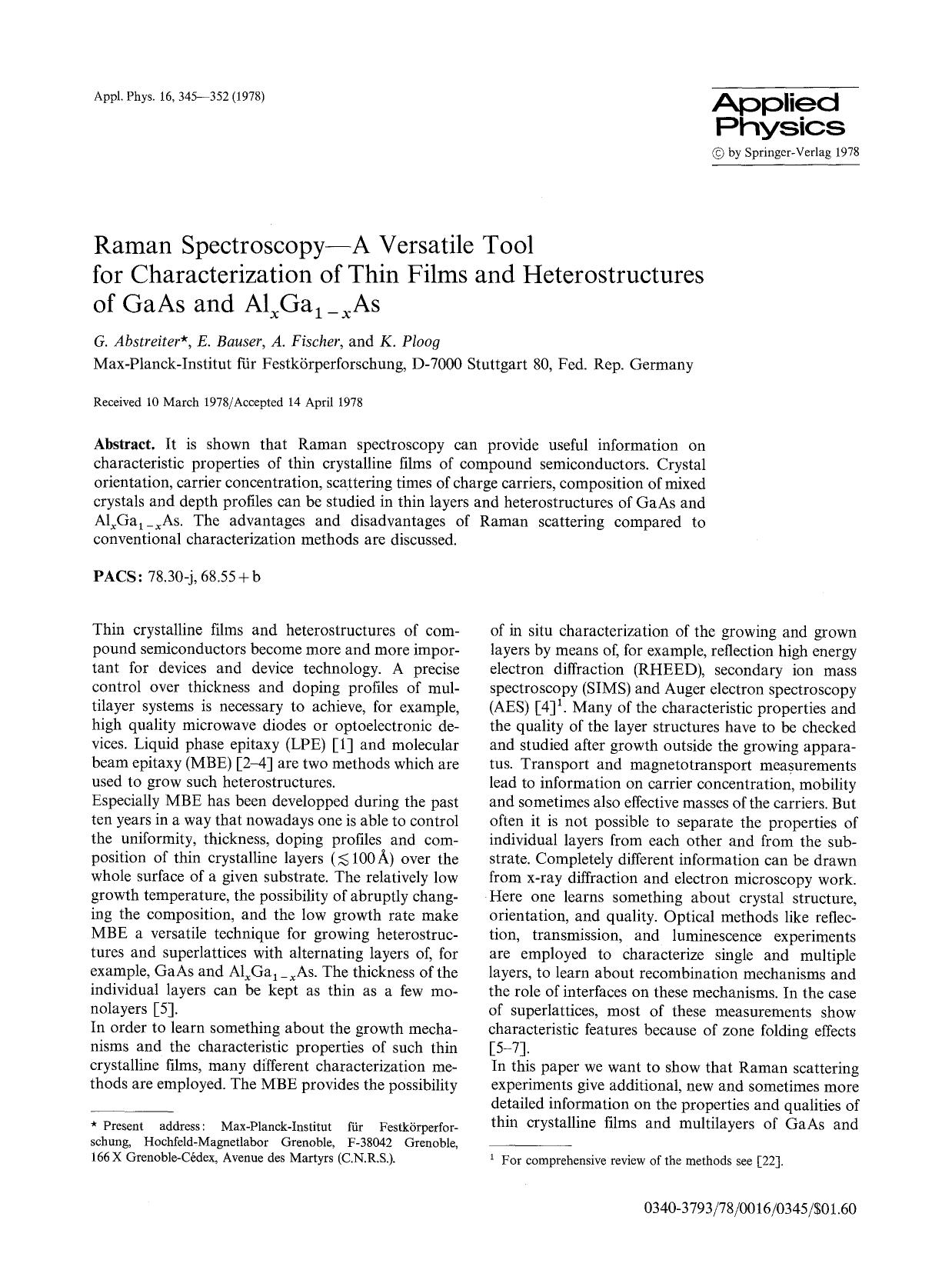 Raman spectroscopy&#x2014;A versatile tool for characterization of thin films and heterostructures of GaAs and Al <Subscript>x <Subscript>Ga <Subscript>1&#x2212;x <Subscript>As by Unknown