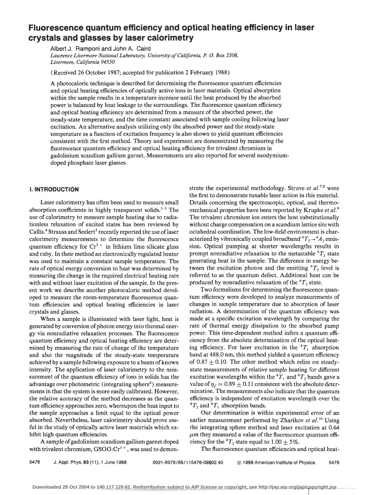Ramponi A.J., Caird J. Fluorescence Quantum Efficiency And Optical Heating Efficiency In Laser Crystals And Glasses By[...]metry (1988)(en)(9s) by Unknown