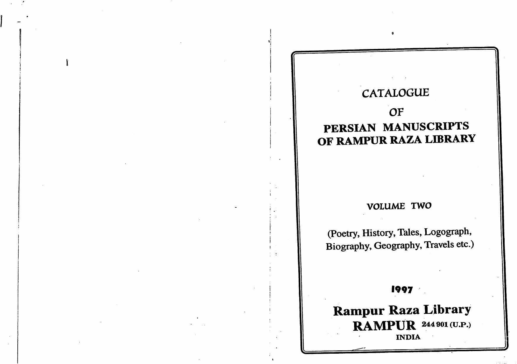Rampur Raza Library Catalogue Persian Manuscripts Vol. 2 by Rampur Raza Library India