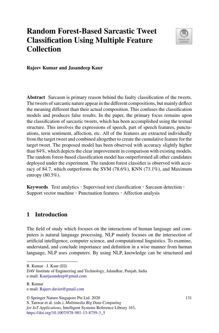 Random Forest-Based Sarcastic Tweet Classification Using Multiple Feature Collection by Rajeev Kumar & Jasandeep Kaur