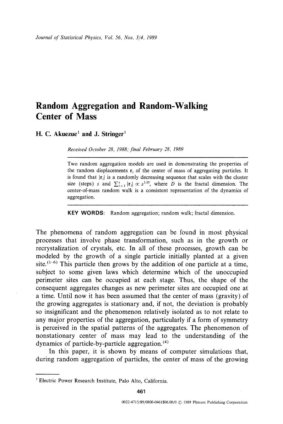 Random aggregation and random-walking center of mass by Unknown
