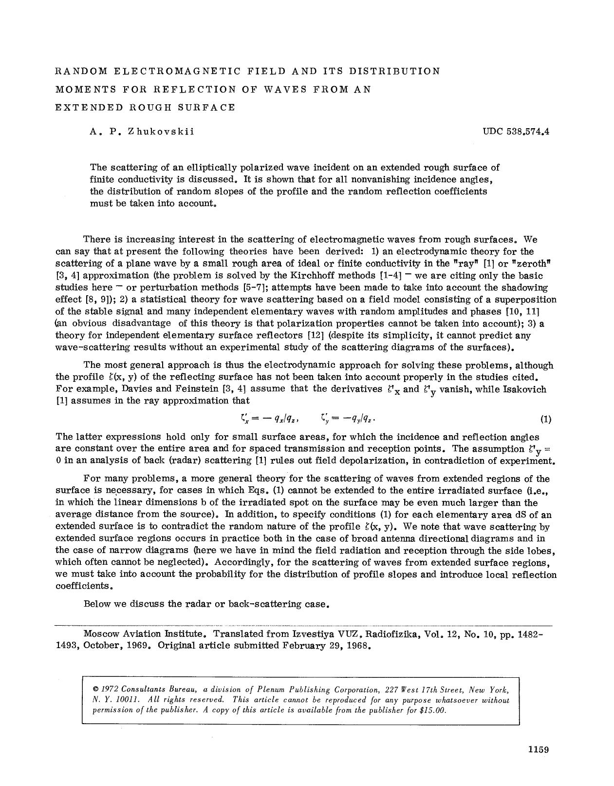 Random electromagnetic field and its distribution moments for reflection of waves from an extended rough surface by Unknown