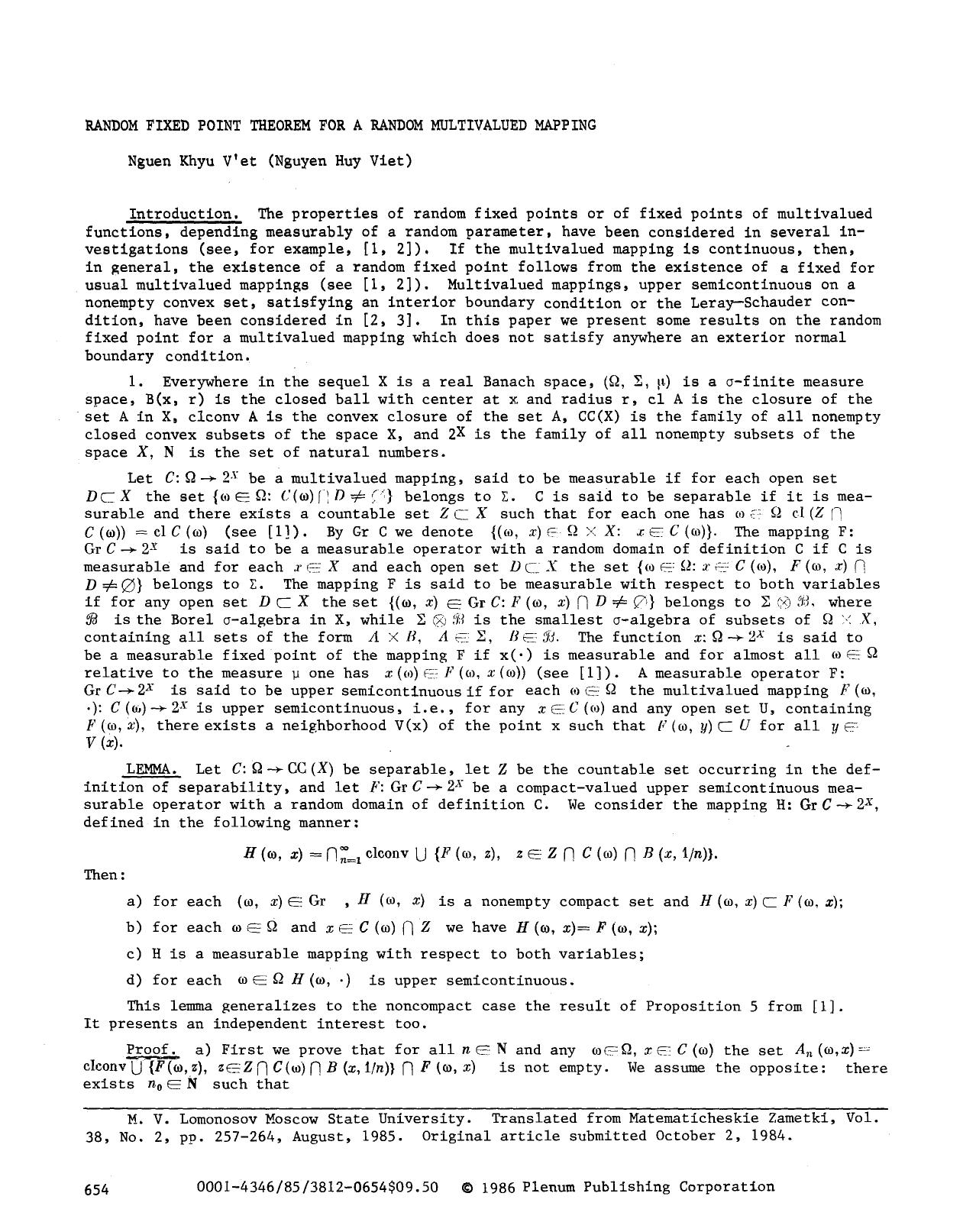 Random fixed point theorem for a random multivalued mapping by Unknown