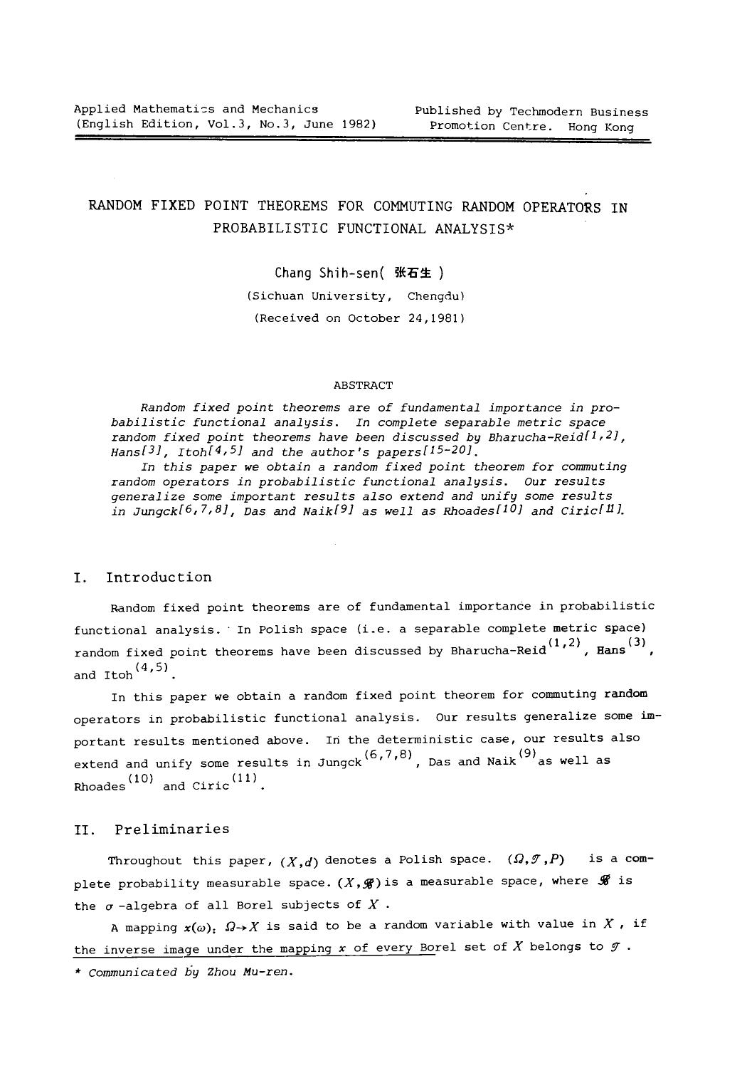 Random fixed point theorems for commuting random operators in probabilistic functional analysis by Unknown