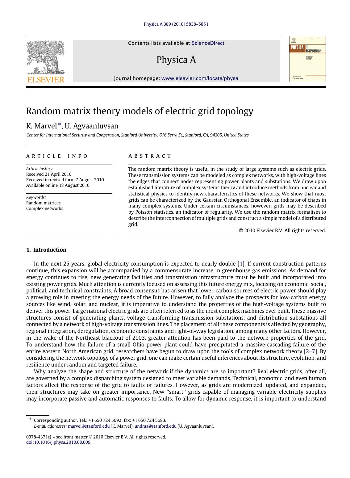 Random matrix theory models of electric grid topology by K. Marvel & U. Agvaanluvsan