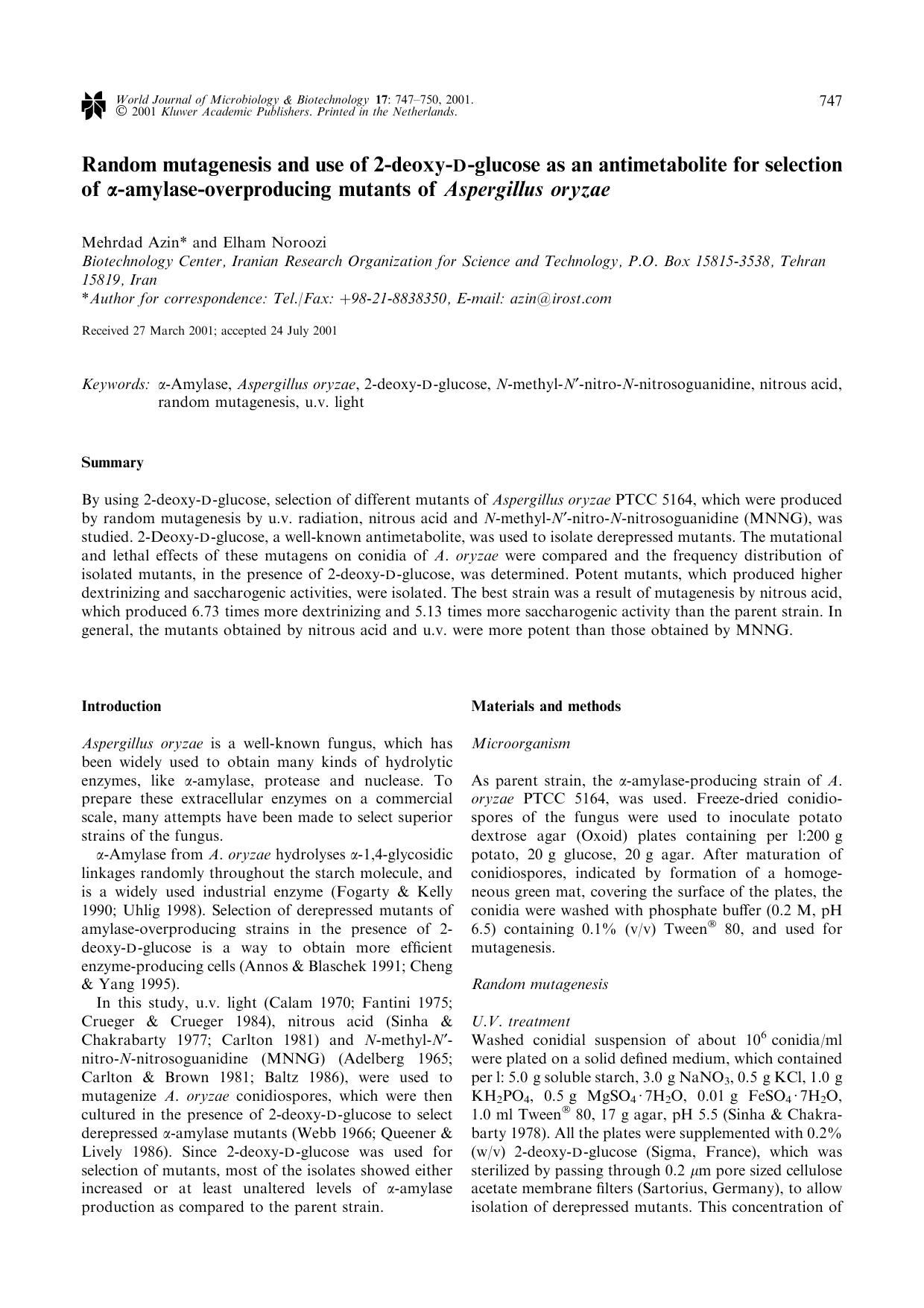 Random mutagenesis and use of 2-deoxy-D-glucose as an antimetabolite for selection of &#x03B1;-amylase-overproducing mutants of Aspergillus oryzae by Unknown