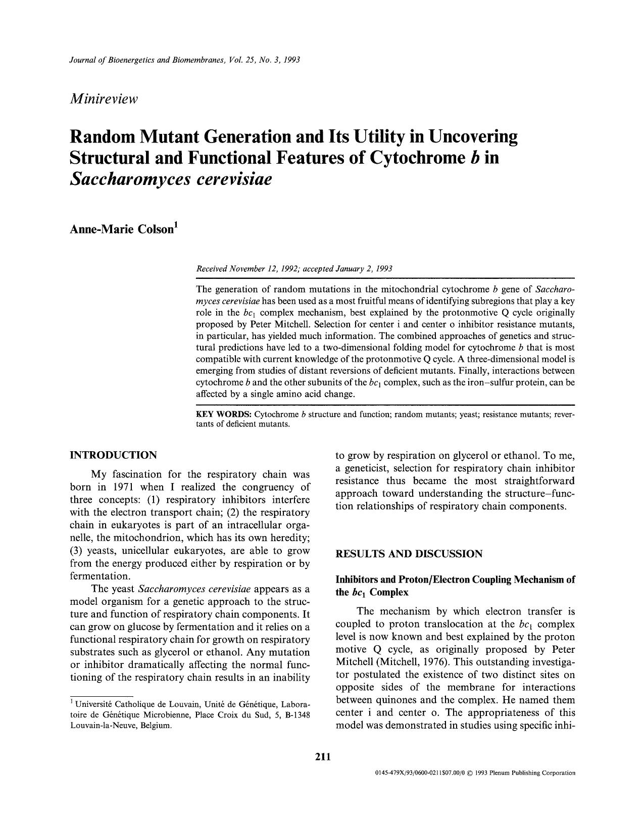 Random mutant generation and its utility in uncovering structural and functional features of cytochrome <Emphasis Type="Italic">b <Emphasis> in <Emphasis Type="Italic">Saccharomyce by Unknown