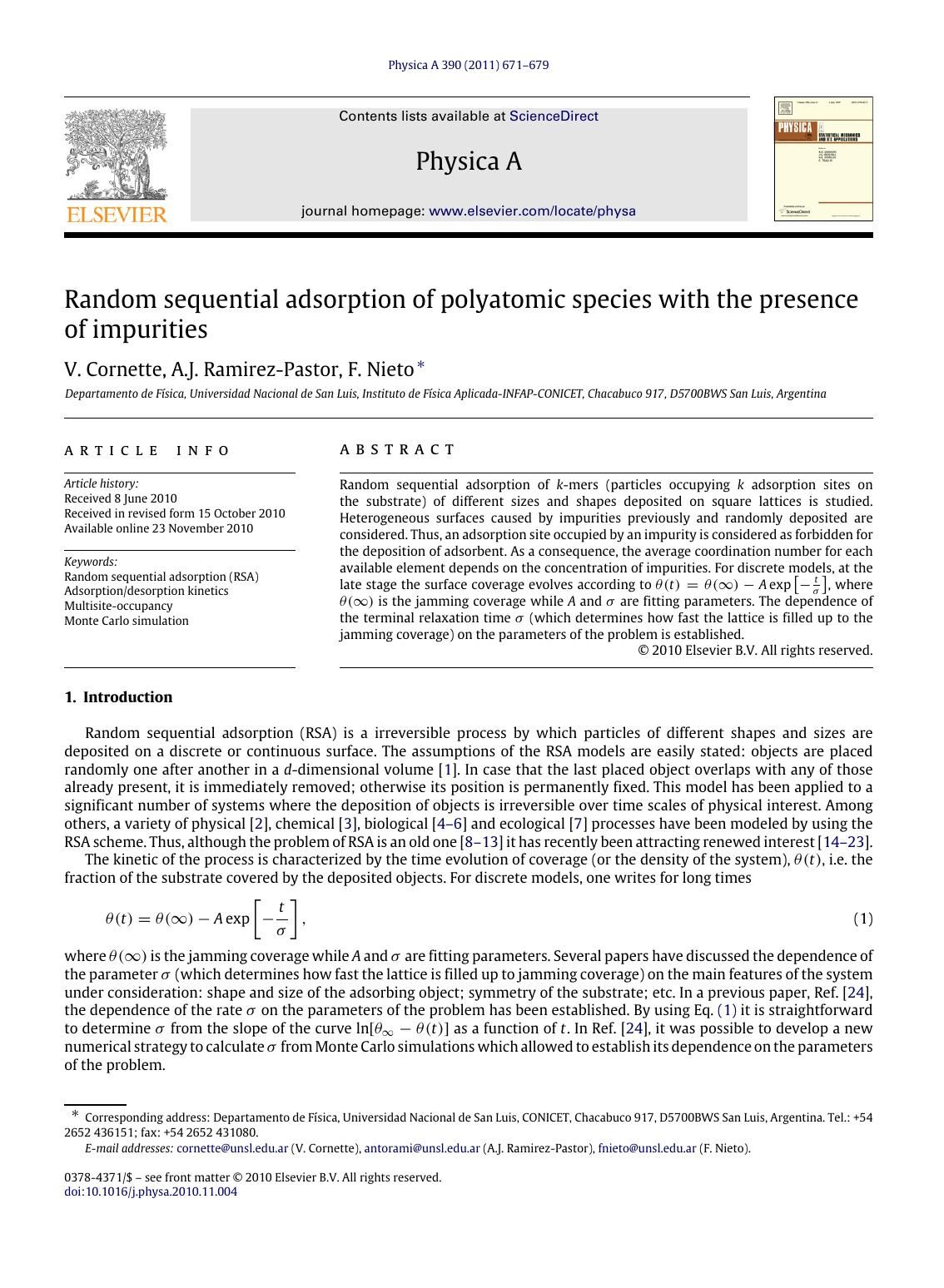 Random sequential adsorption of polyatomic species with the presence of impurities by V. Cornette & A.J. Ramirez-Pastor & F. Nieto
