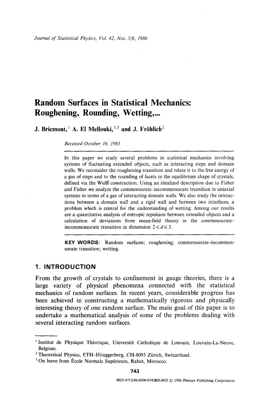 Random surfaces in statistical mechanics: Roughening, rounding, wetting,... by Unknown