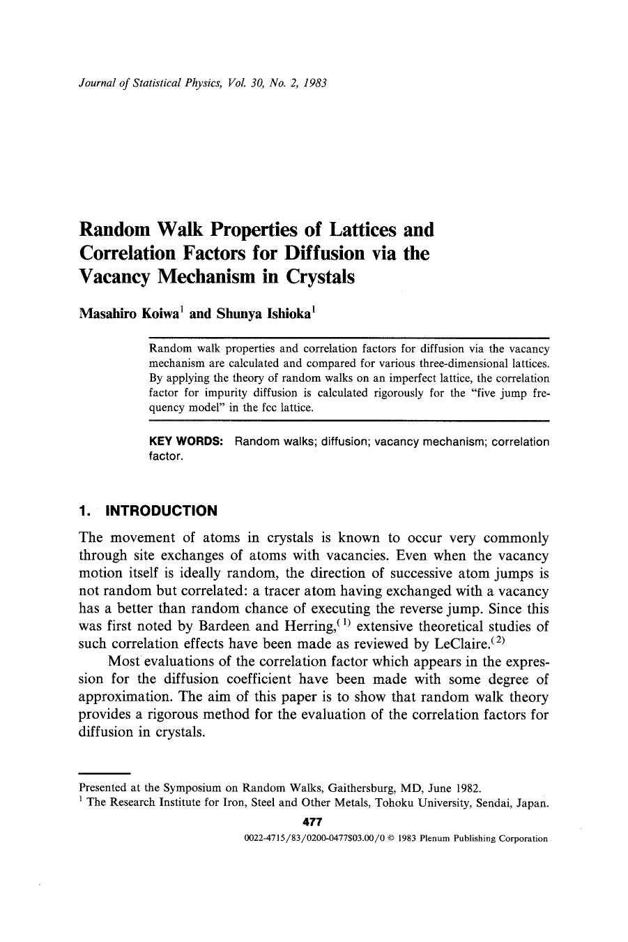 Random walk properties of lattices and correlation factors for diffusion via the vacancy mechanism in crystals by Unknown