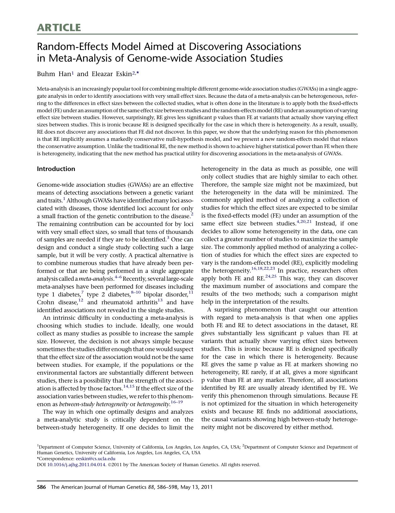 Random-Effects Model Aimed at Discovering Associations in Meta-Analysis of Genome-wide Association Studies by Buhm Han & Eleazar Eskin