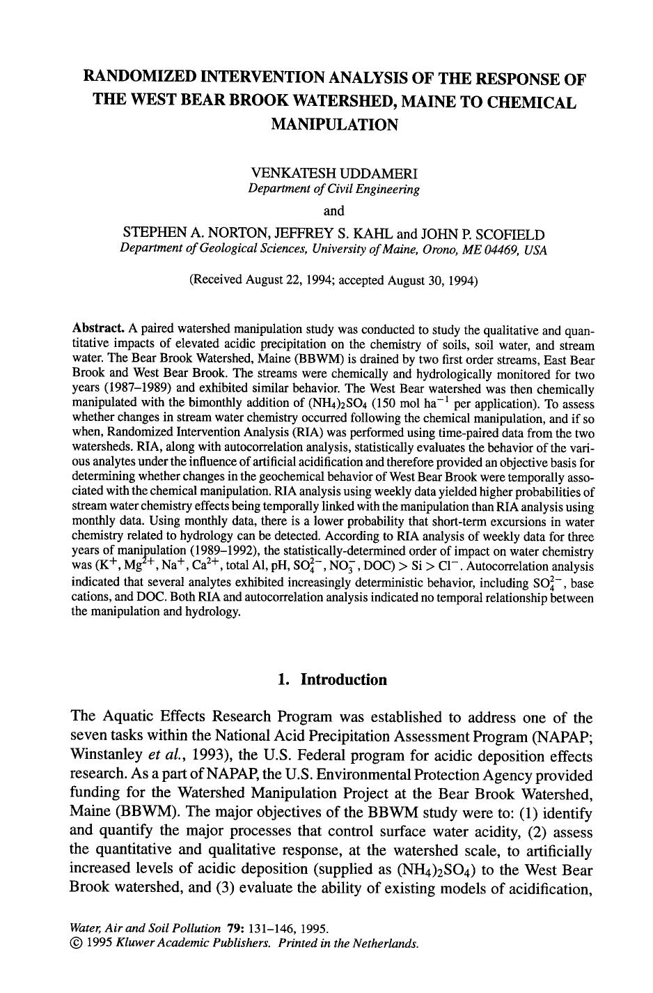 Randomized intervention analysis of the response of the West Bear Brook Watershed, Maine to chemical manipulation by Unknown