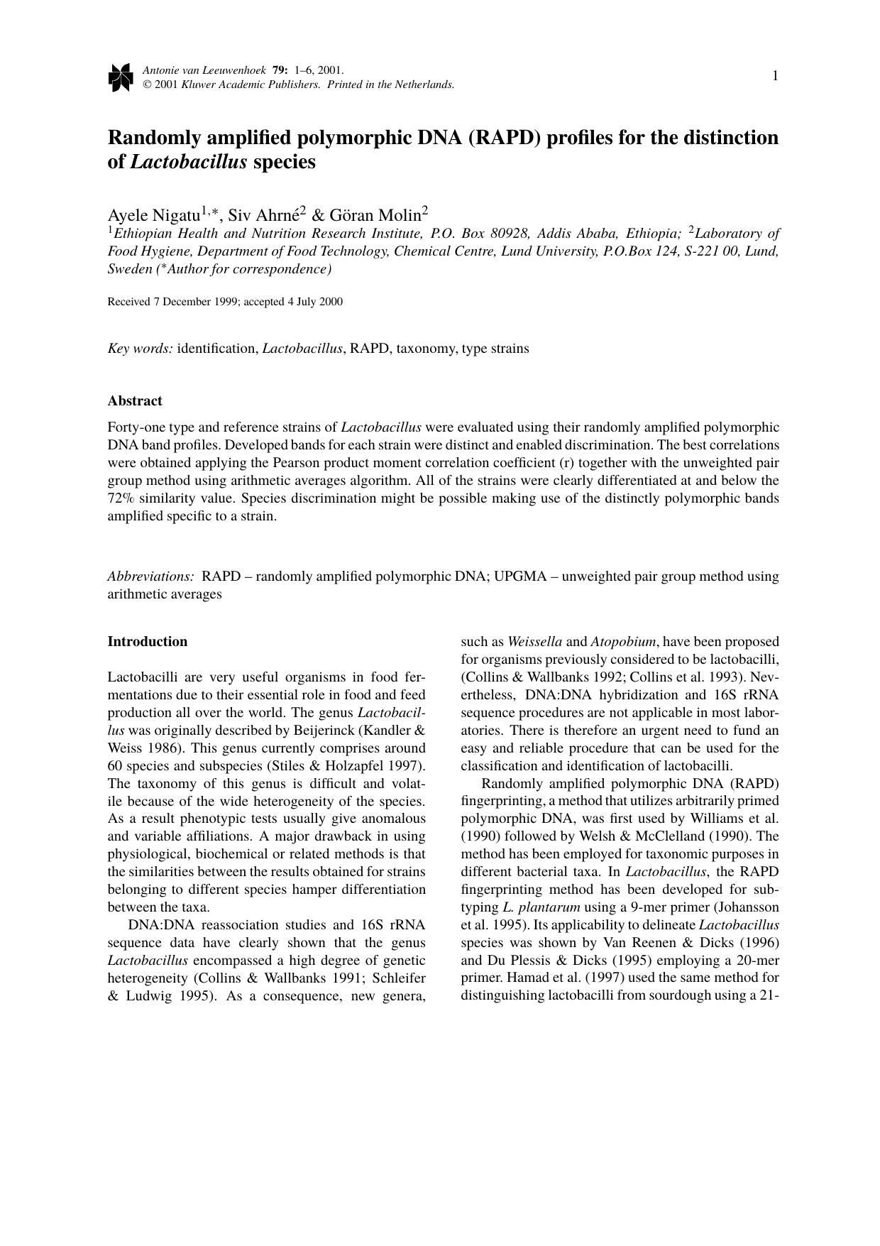 Randomly amplified polymorphic DNA (RAPD) profiles for the distinction of Lactobacillus species by Unknown
