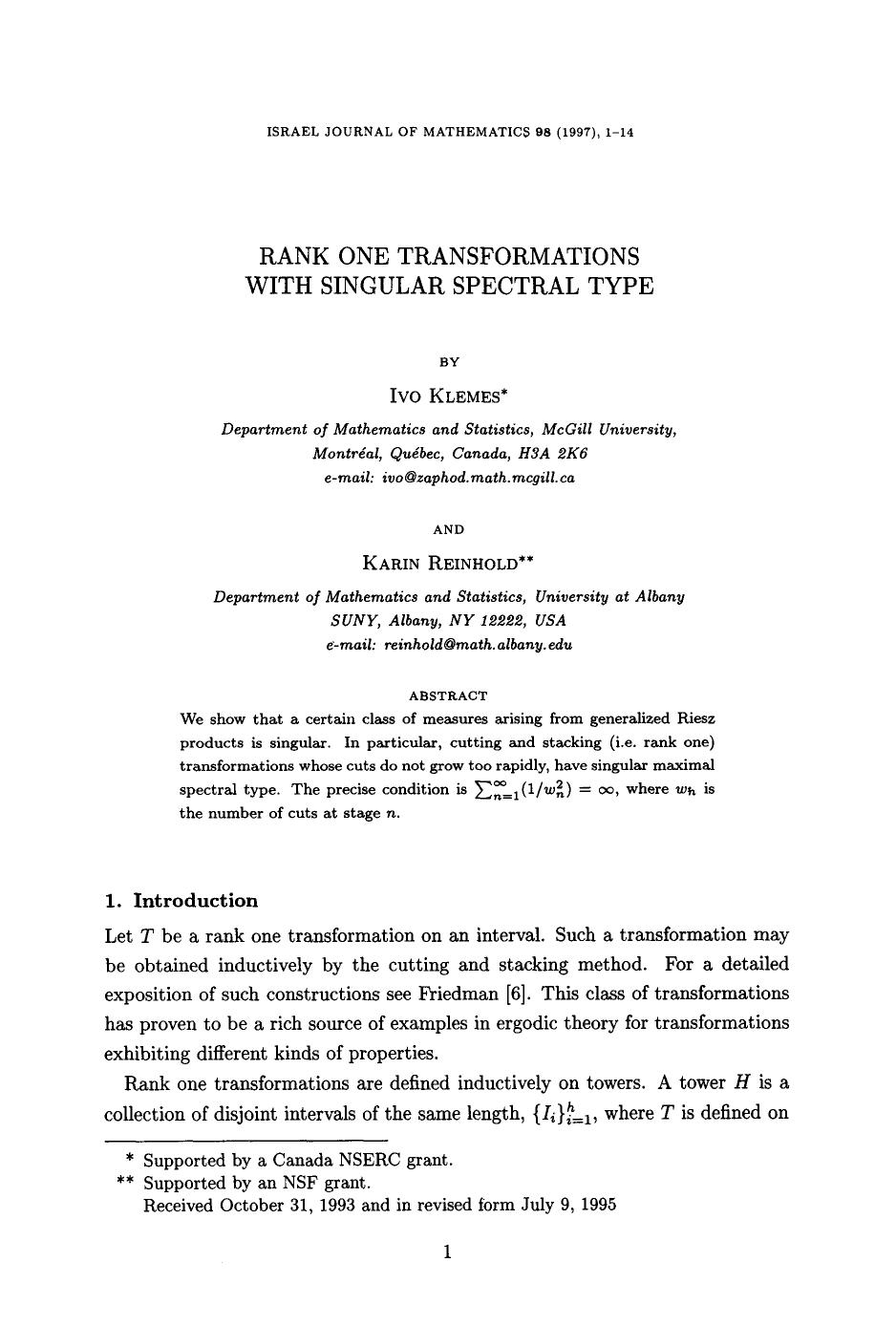Rank one transformations with singular spectral type by Unknown
