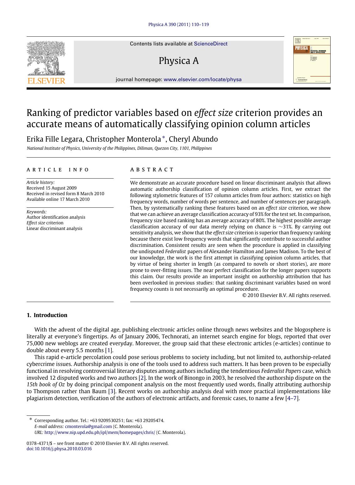 Ranking of predictor variables based on effect size criterion provides an accurate means of automatically classifying opinion column articles by Erika Fille Legara & Christopher Monterola & Cheryl Abundo