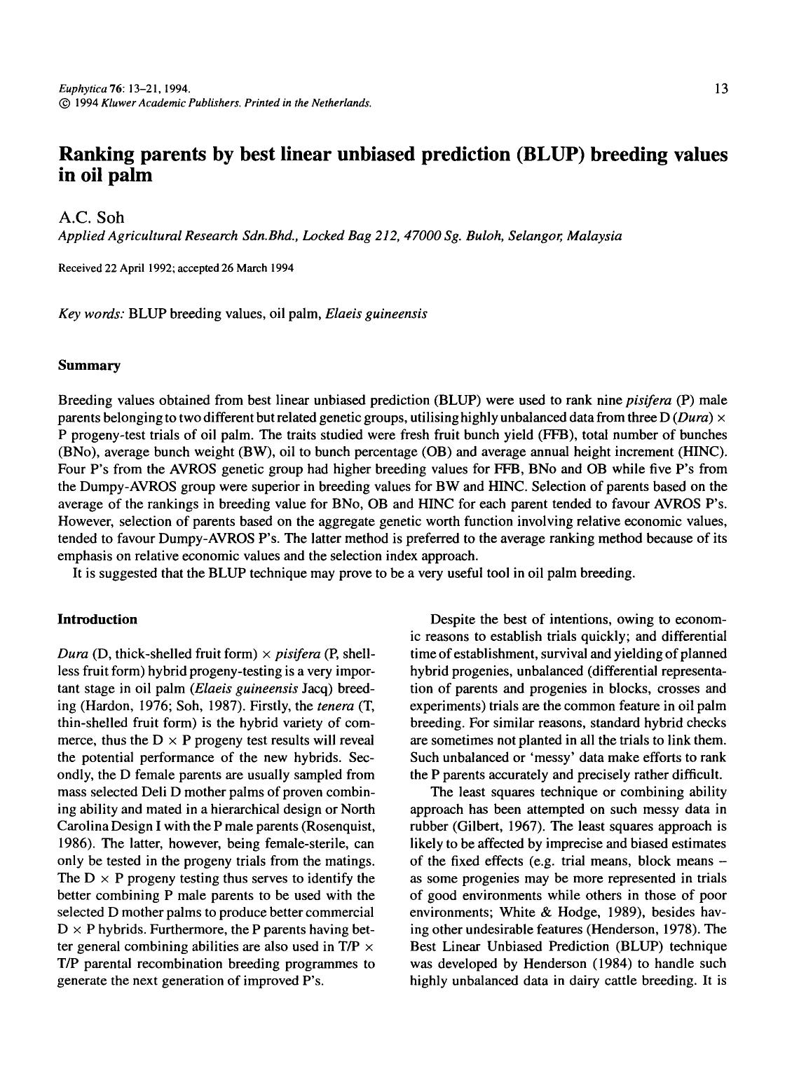 Ranking parents by best linear unbiased prediction (BLUP) breeding values in oil palm by Unknown