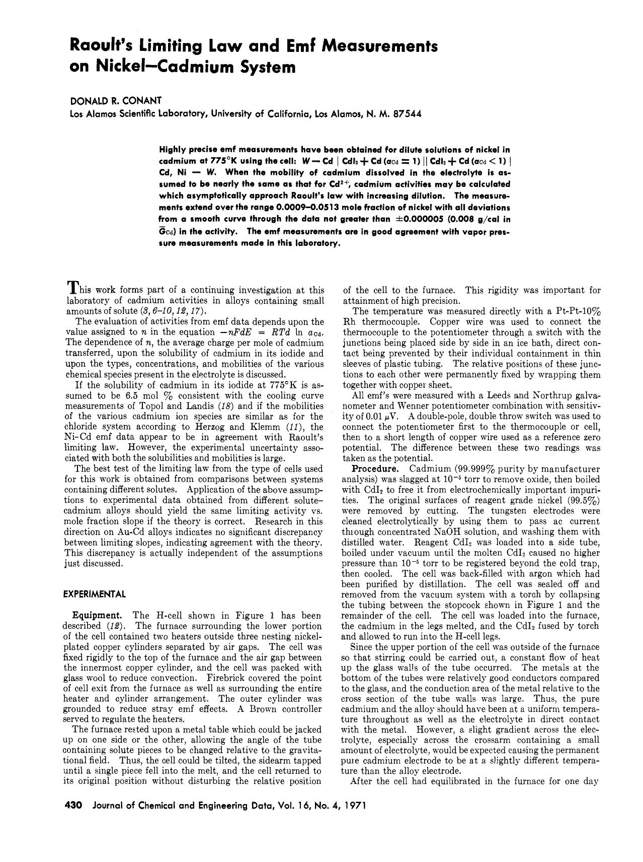 Raoult's limiting law and emf. measurements on nickel-cadmium system by Donald R. Conant