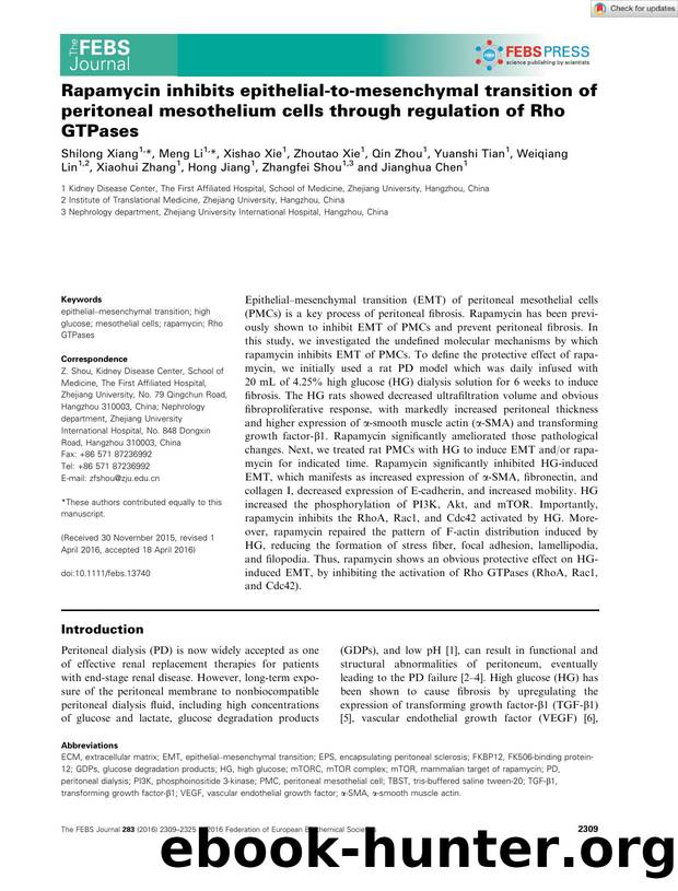 Rapamycin inhibits epithelialâtoâmesenchymal transition of peritoneal mesothelium cells through regulation of Rho GTPases by Unknown