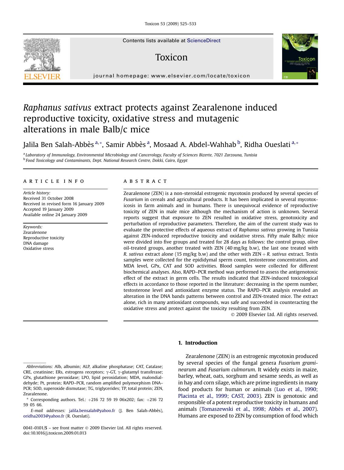 Raphanus sativus extract protects against Zearalenone induced reproductive toxicity, oxidative stress and mutagenic alterations in male Balbc mice by Jalila Ben Salah-AbbEs; Samir AbbEs; Mosaad A. Abdel-Wahhab; Ridha Oueslati