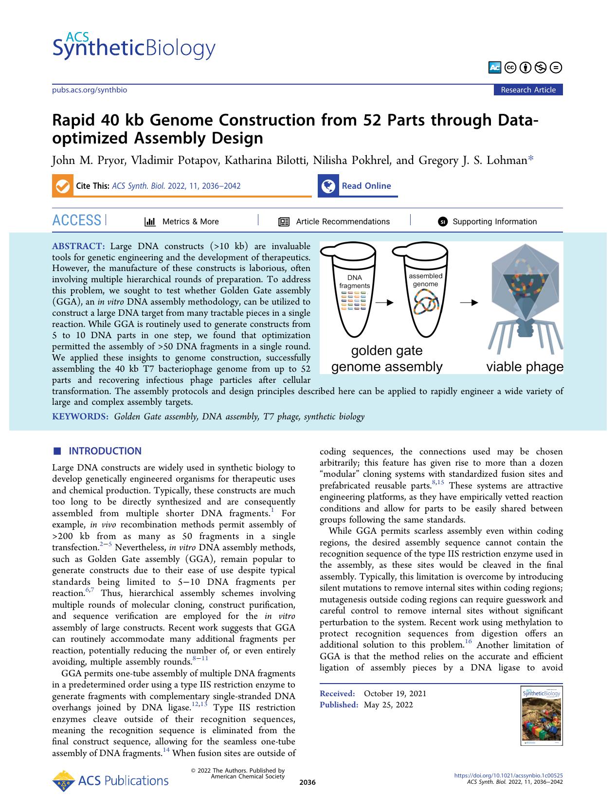 Rapid 40 kb Genome Construction from 52 Parts through Data-optimized Assembly Design by John M. Pryor Vladimir Potapov Katharina Bilotti Nilisha Pokhrel and Gregory J. S. Lohman