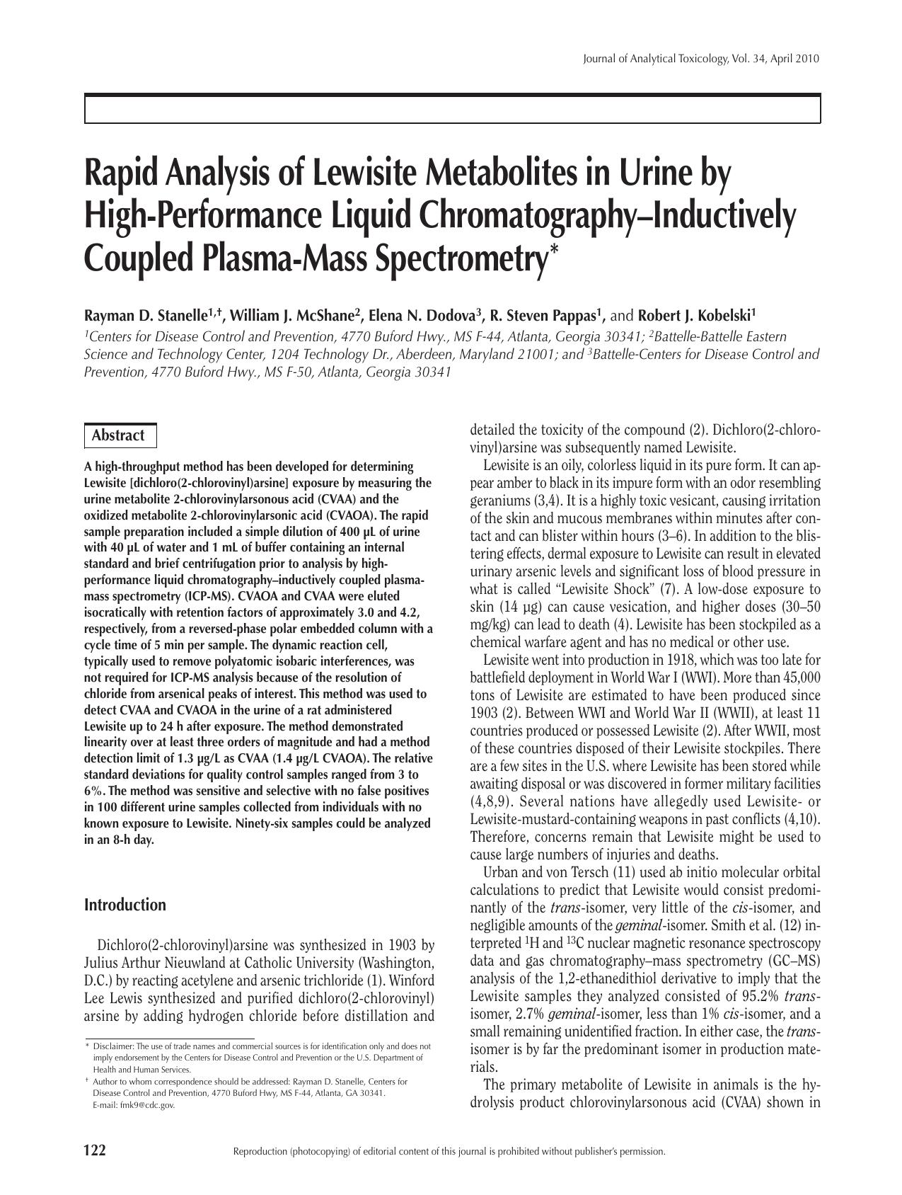 Rapid Analysis of Lewisite Metabolites in Urine by HPLC by Rayman D. Stanelle