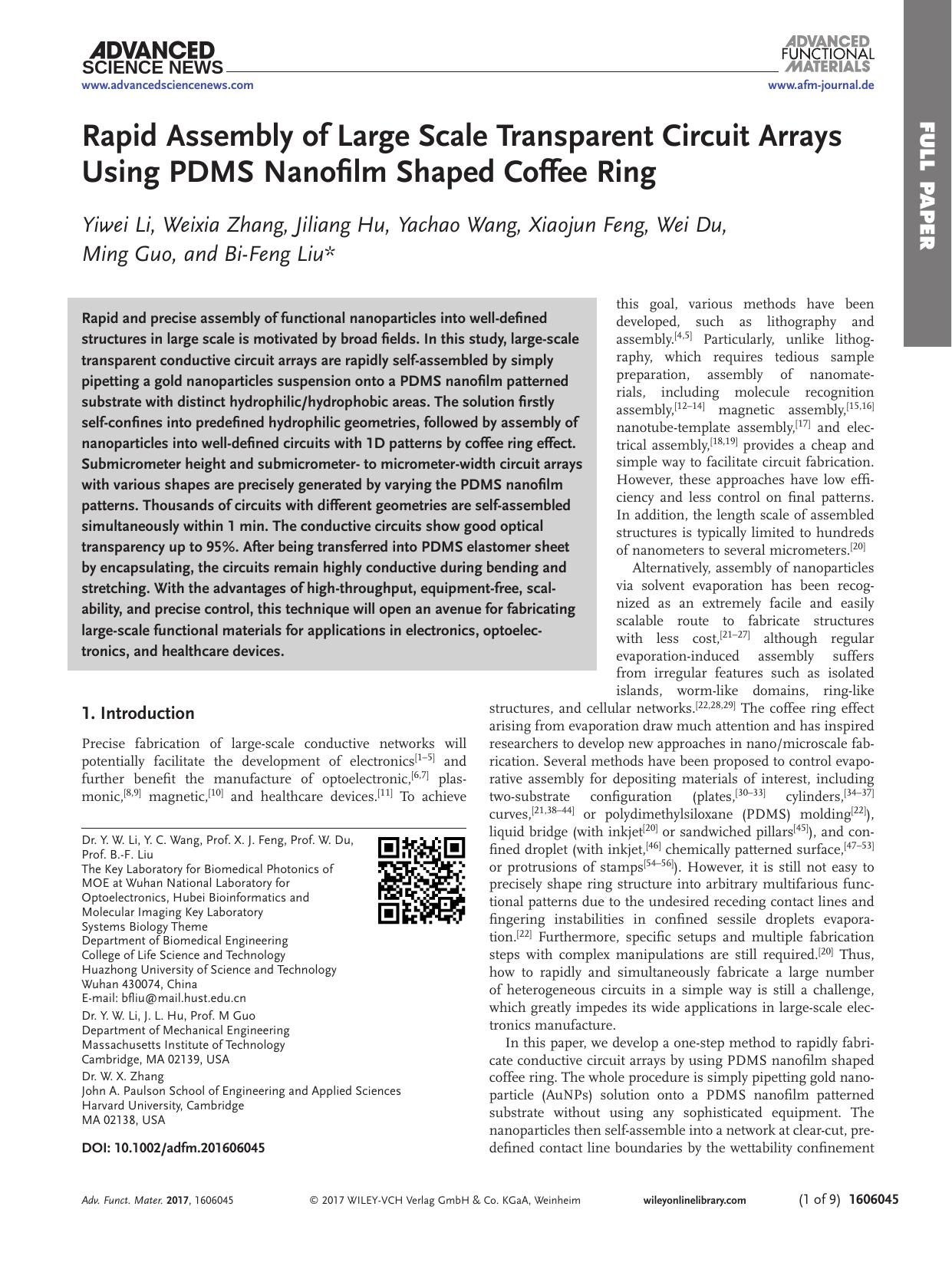 Rapid Assembly of Large Scale Transparent Circuit Arrays Using PDMS Nanofilm Shaped Coffee Ring by Unknown