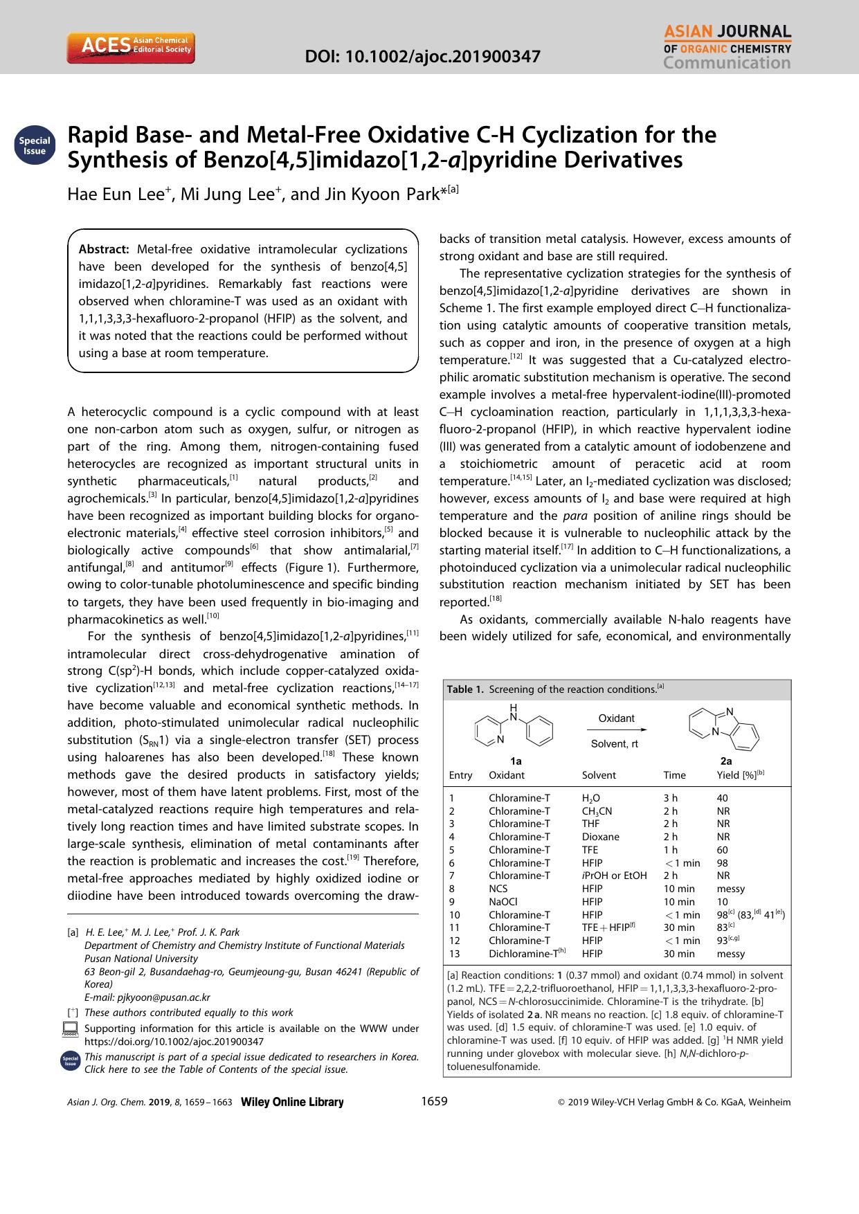Rapid Baseâ and MetalâFree Oxidative CâH Cyclization for the Synthesis of Benzo[4,5]imidazo[1,2âa]pyridine Derivatives by Unknown
