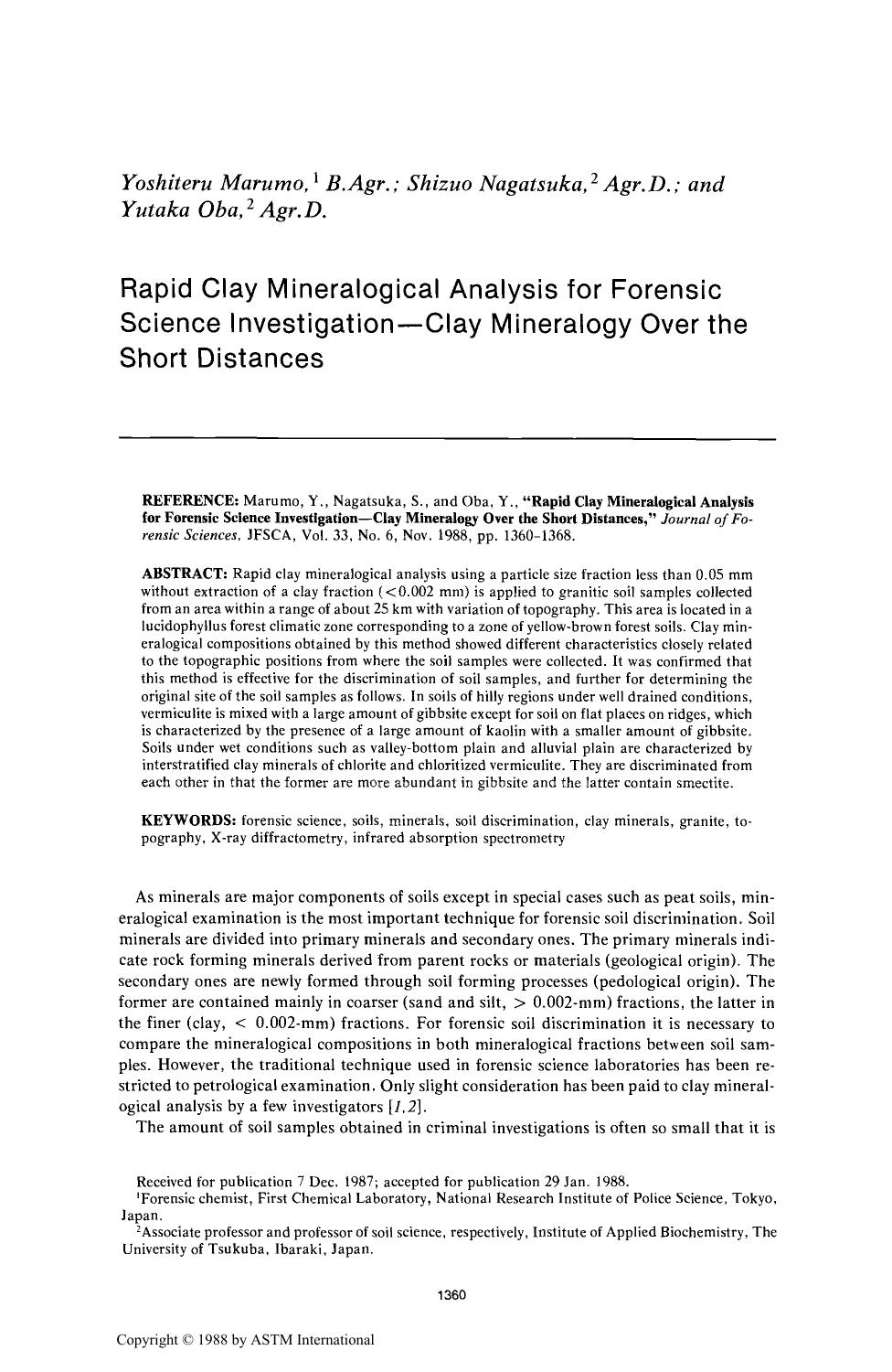 Rapid Clay Mineralogical Analysis for Forensic Science InvestigationŁClay Mineralogy Over the Short Distances by Marumo Y Nagatsuka S Oba Y