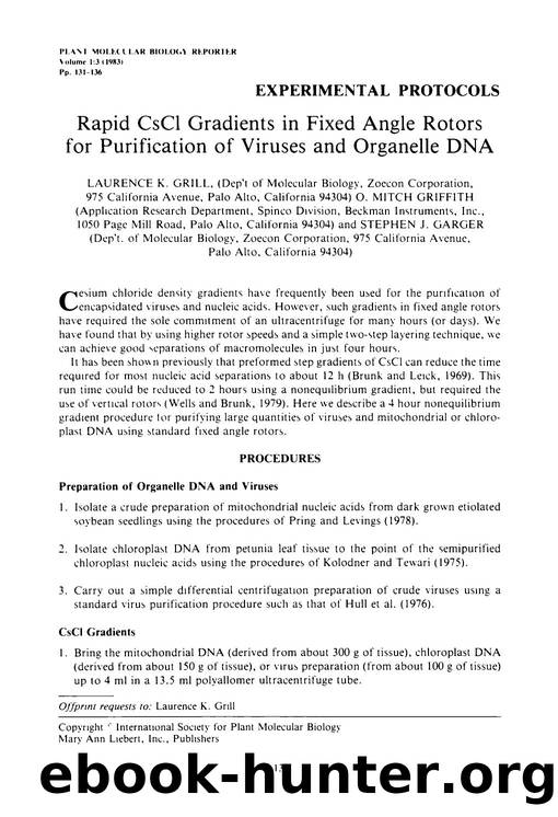Rapid CsCl gradients in fixed angle rotors for purification of viruses and organelle DNA by Unknown