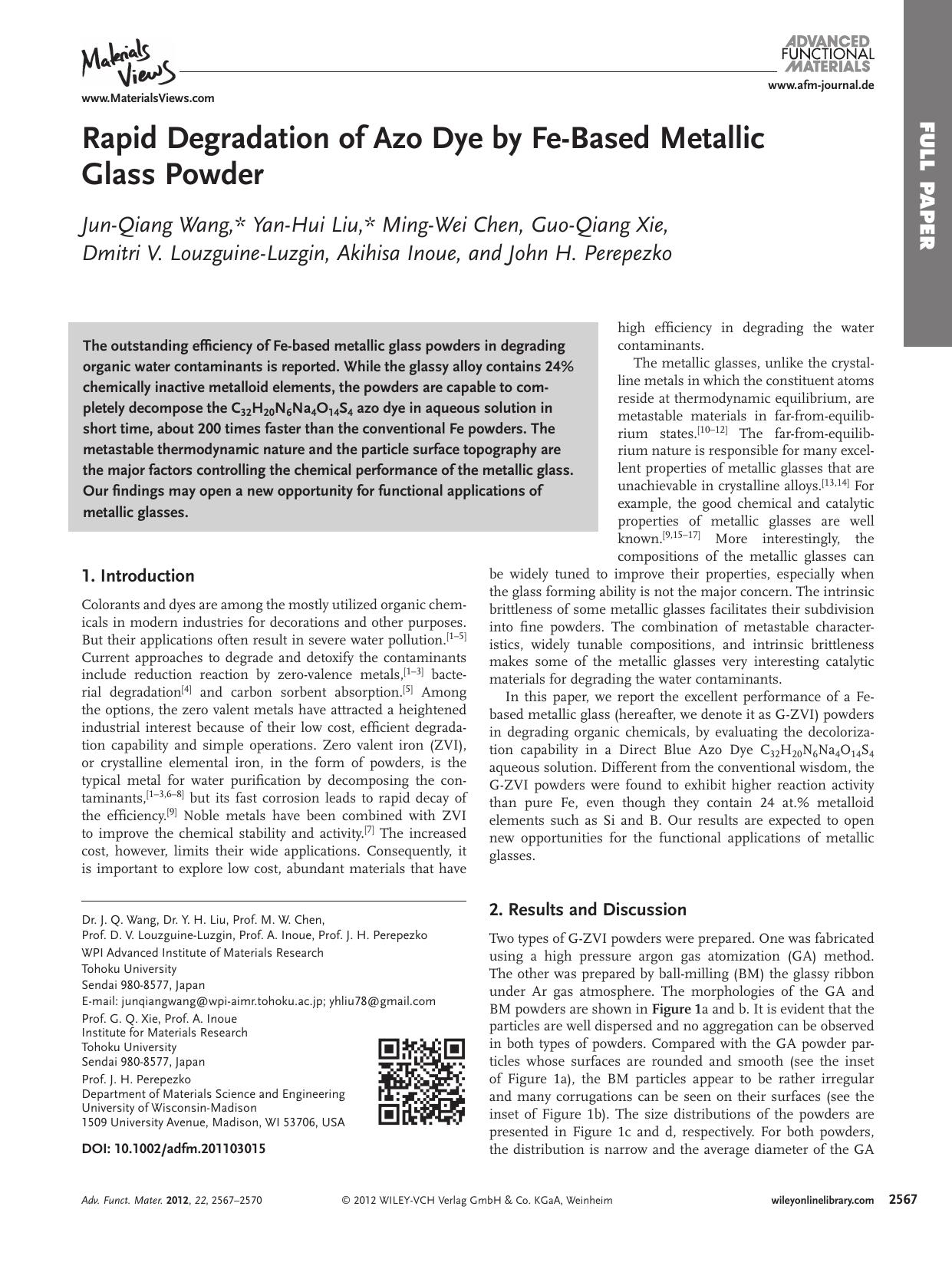 Rapid Degradation of Azo Dye by FeBased Metallic Glass Powder by vng