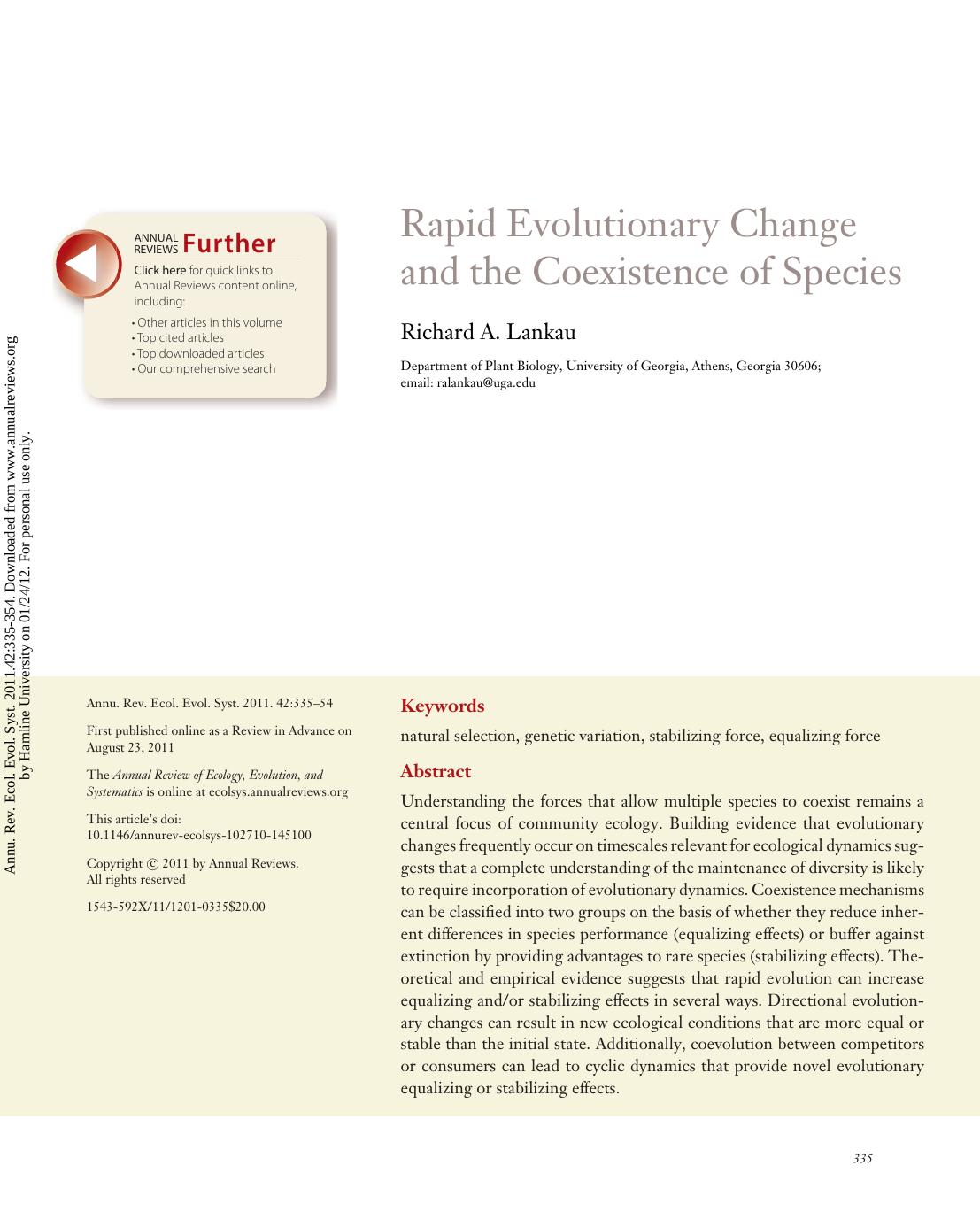 Rapid Evolutionary Change and the Coexistence of Species by Richard A. Lankau