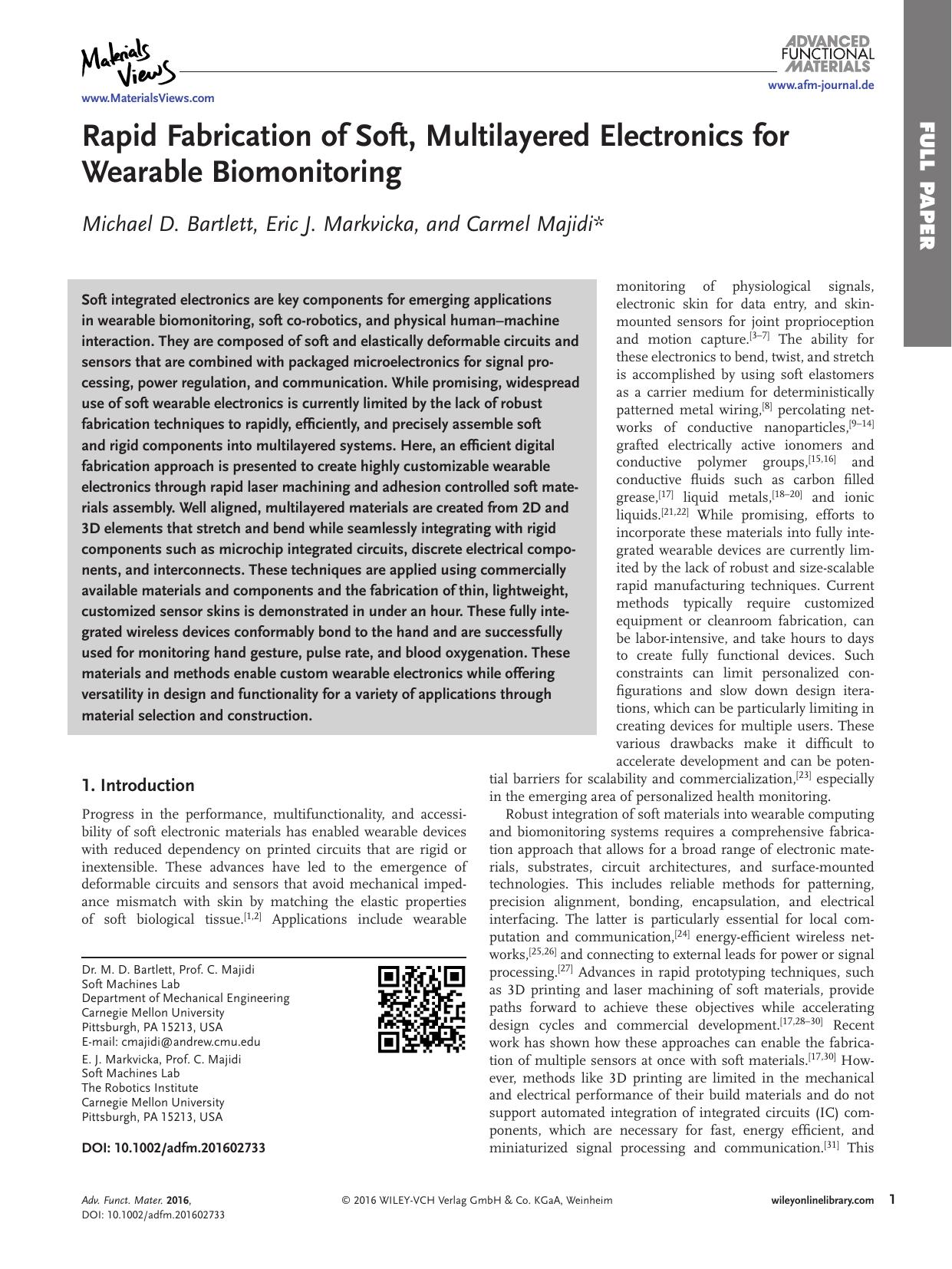 Rapid Fabrication of Soft, Multilayered Electronics for Wearable Biomonitoring by Unknown
