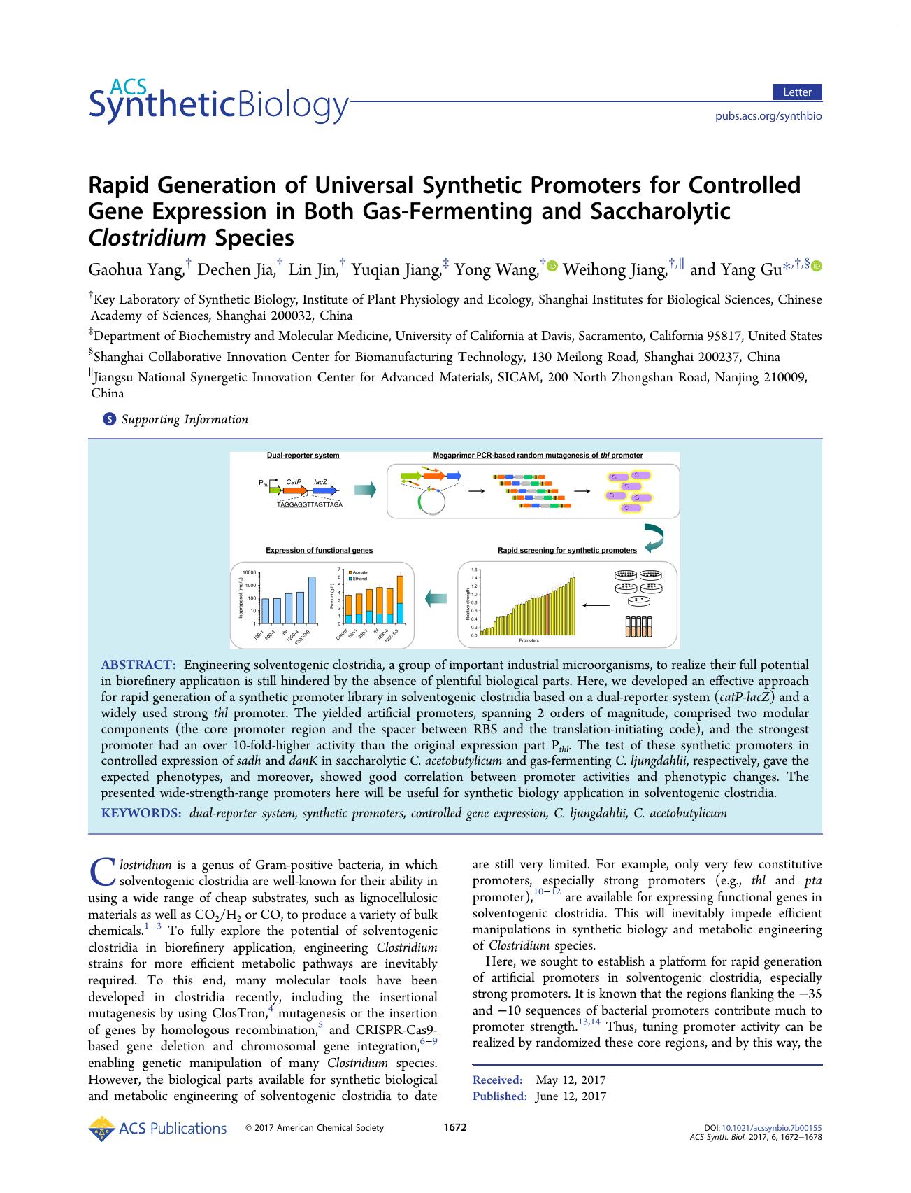 Rapid Generation of Universal Synthetic Promoters for Controlled Gene Expression in Both Gas-Fermenting and Saccharolytic Clostridium Species by Gaohua Yang Dechen Jia Lin Jin Yuqian Jiang Yong Wang Weihong Jiang and Yang Gu