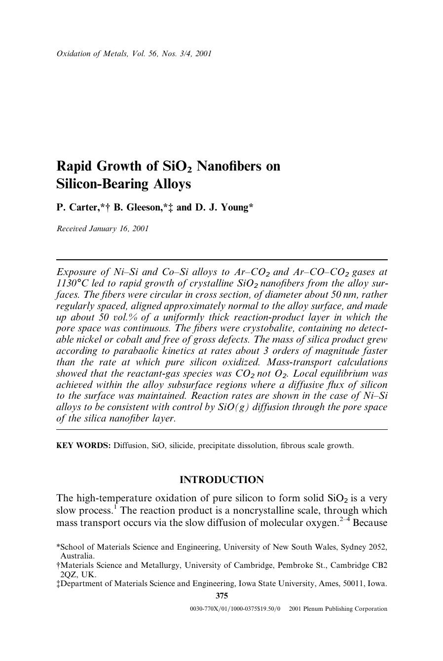 Rapid Growth of SiO2 Nanofibers on Silicon-Bearing Alloys by Unknown