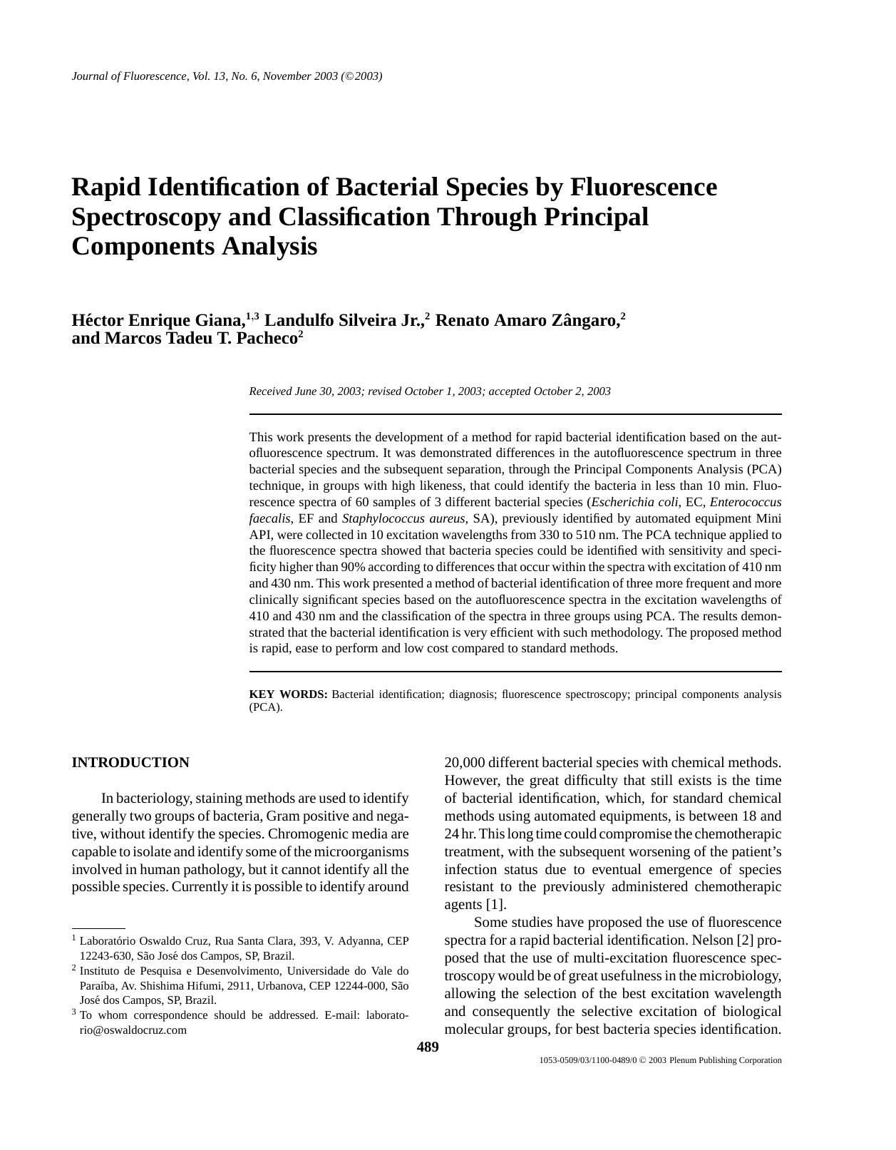 Rapid Identification of Bacterial Species by Fluorescence Spectroscopy and Classification Through Principal Components Analysis by Unknown