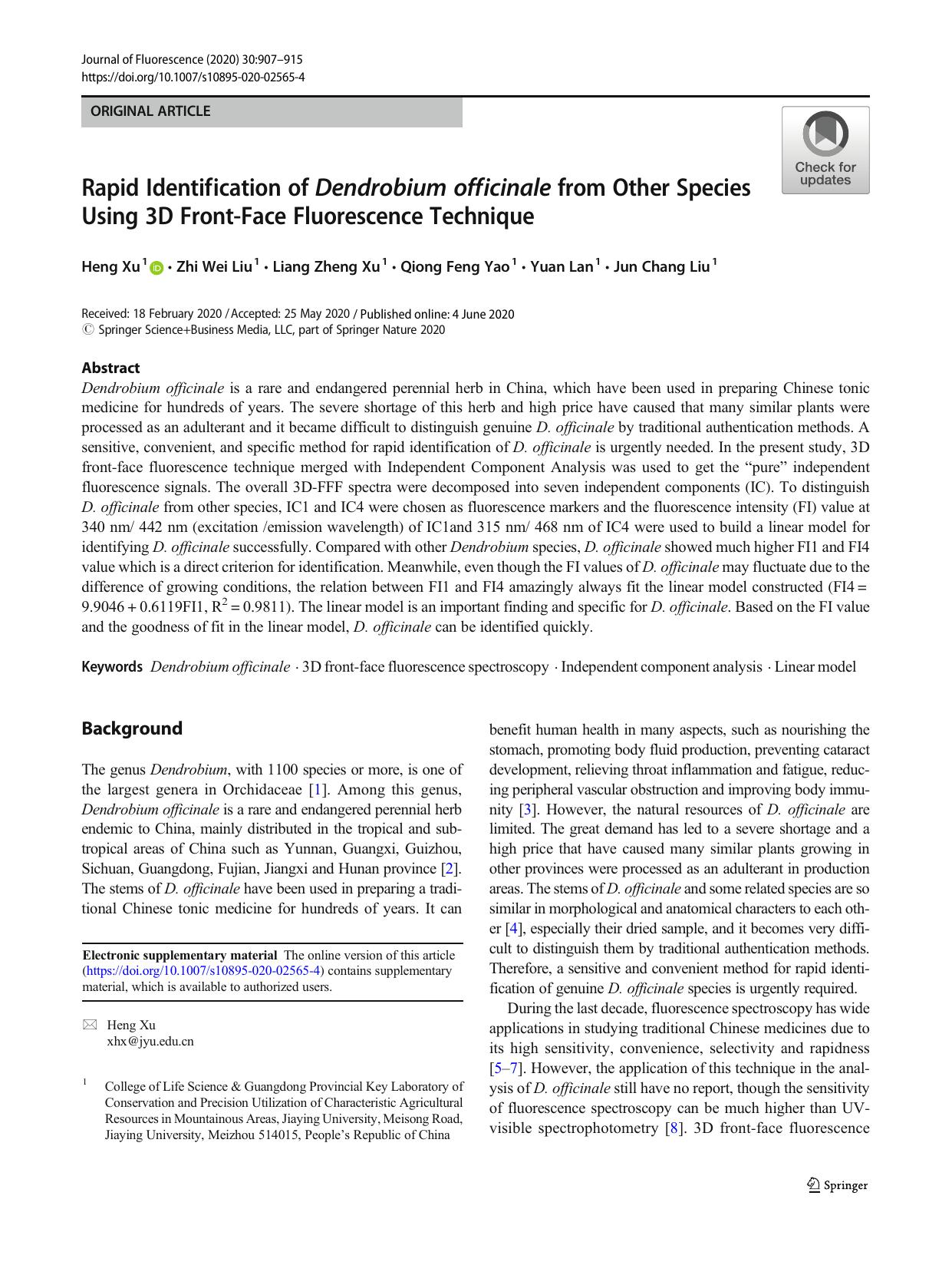 Rapid Identification of Dendrobium officinale from Other Species Using 3D Front-Face Fluorescence Technique by Heng Xu & Zhi Wei Liu & Liang Zheng Xu & Qiong Feng Yao & Yuan Lan & Jun Chang Liu