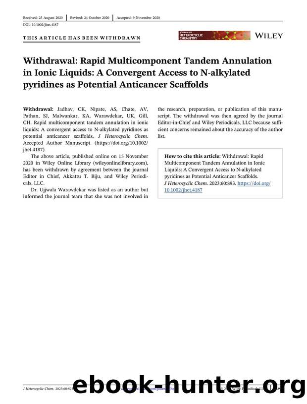 Rapid Multicomponent Tandem Annulation in Ionic Liquids: A Convergent Access to N-alkylated pyridines as Potential Anticancer Scaffolds by Unknown