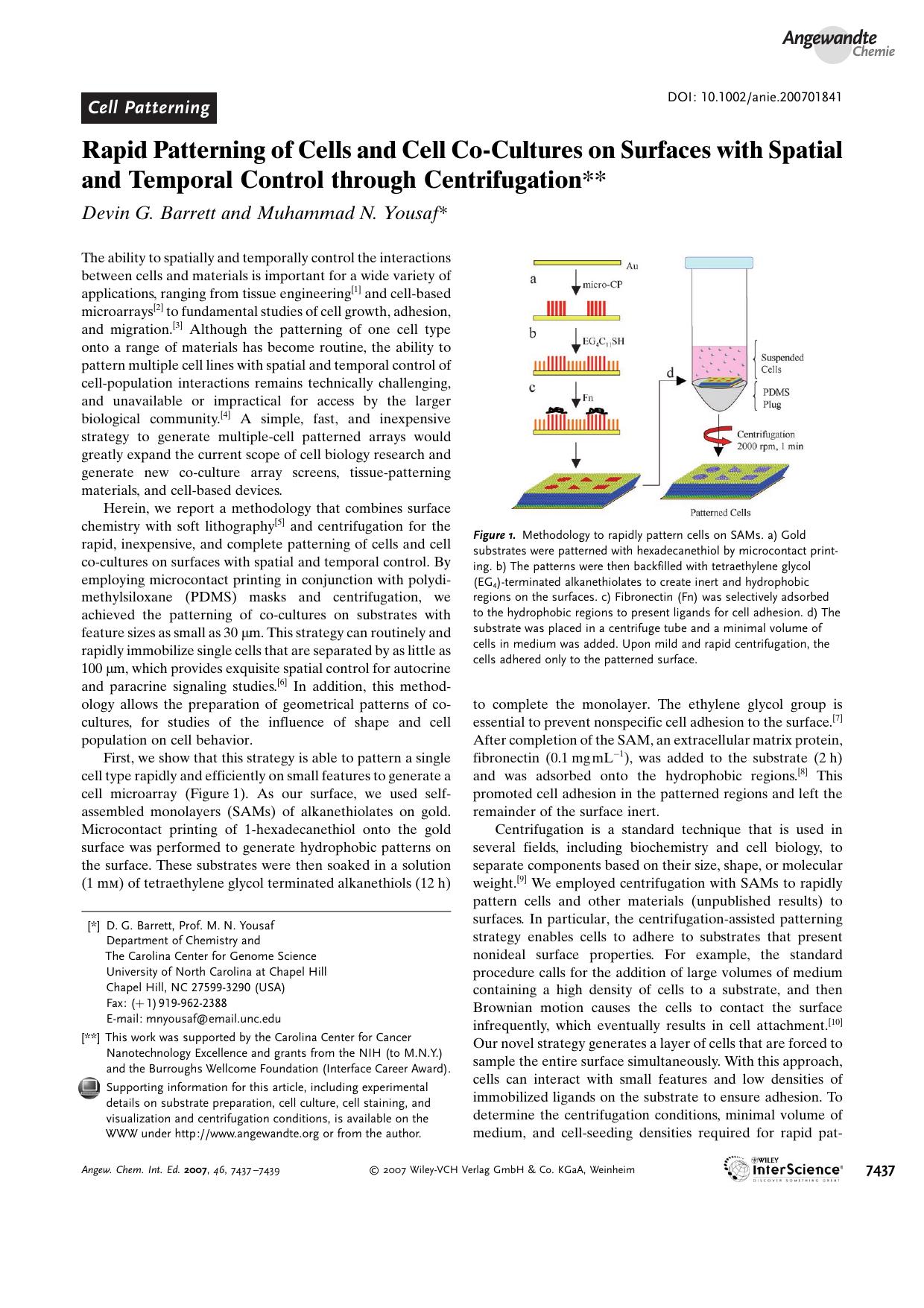 Rapid Patterning of Cells and Cell Co-Cultures on Surfaces with Spatial and Temporal Control through Centrifugation by Unknown